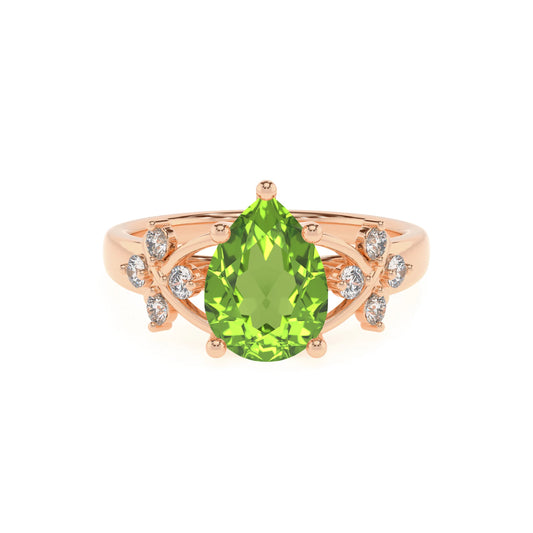 natural peridot pear solitaire rings in rose gold