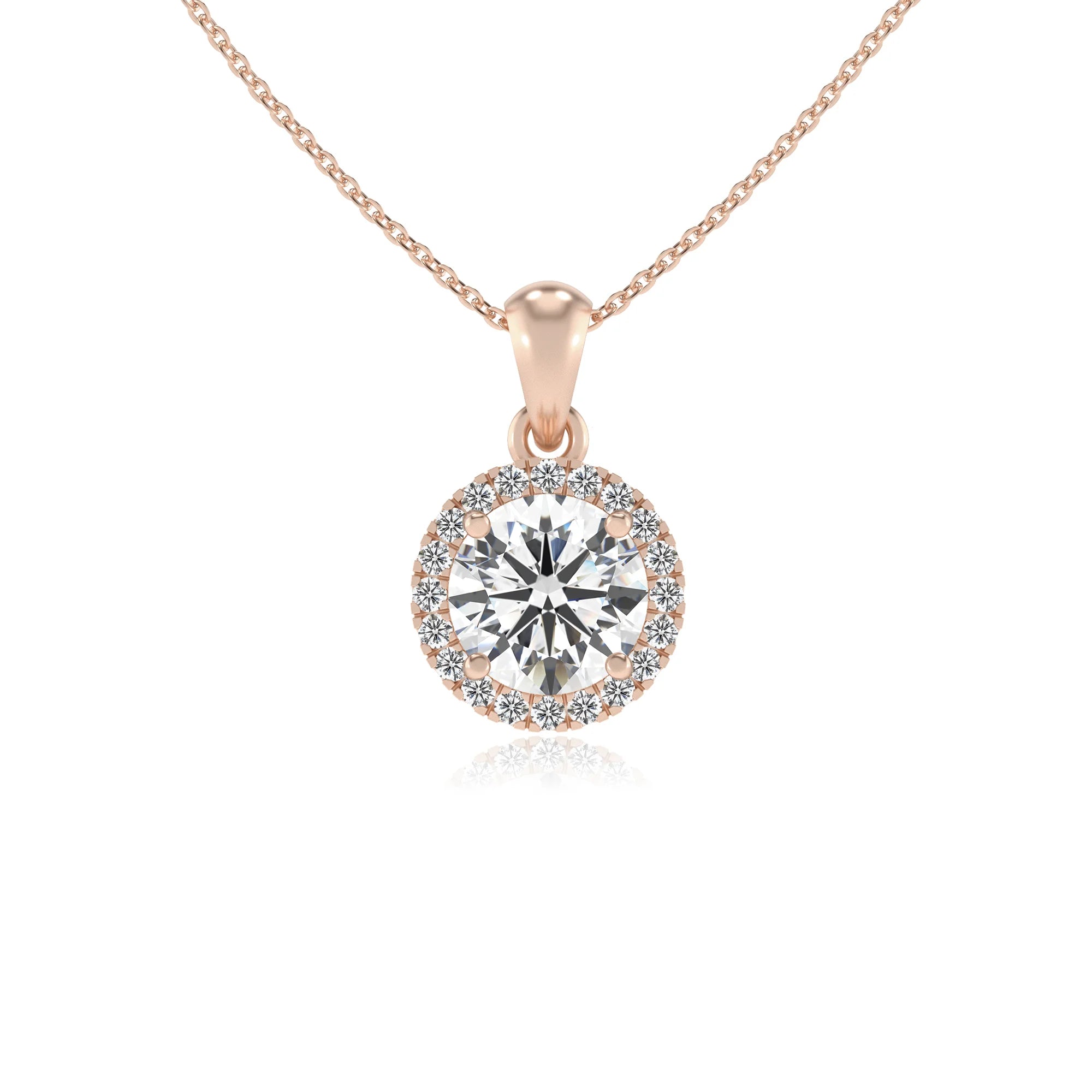 lab grown moissanite round solitaire necklaces in rose gold