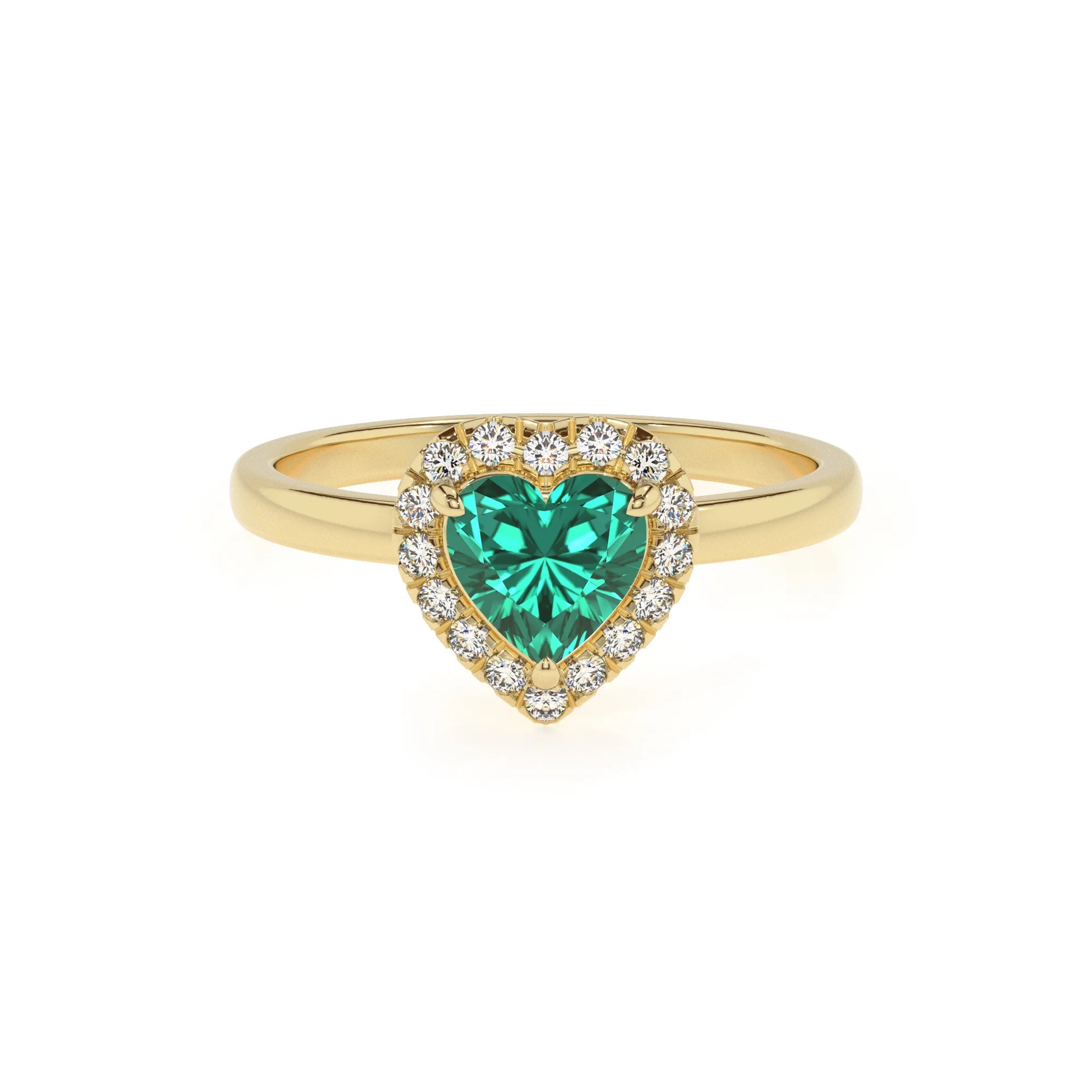 lab grown emerald heart solitaire rings in yellow gold