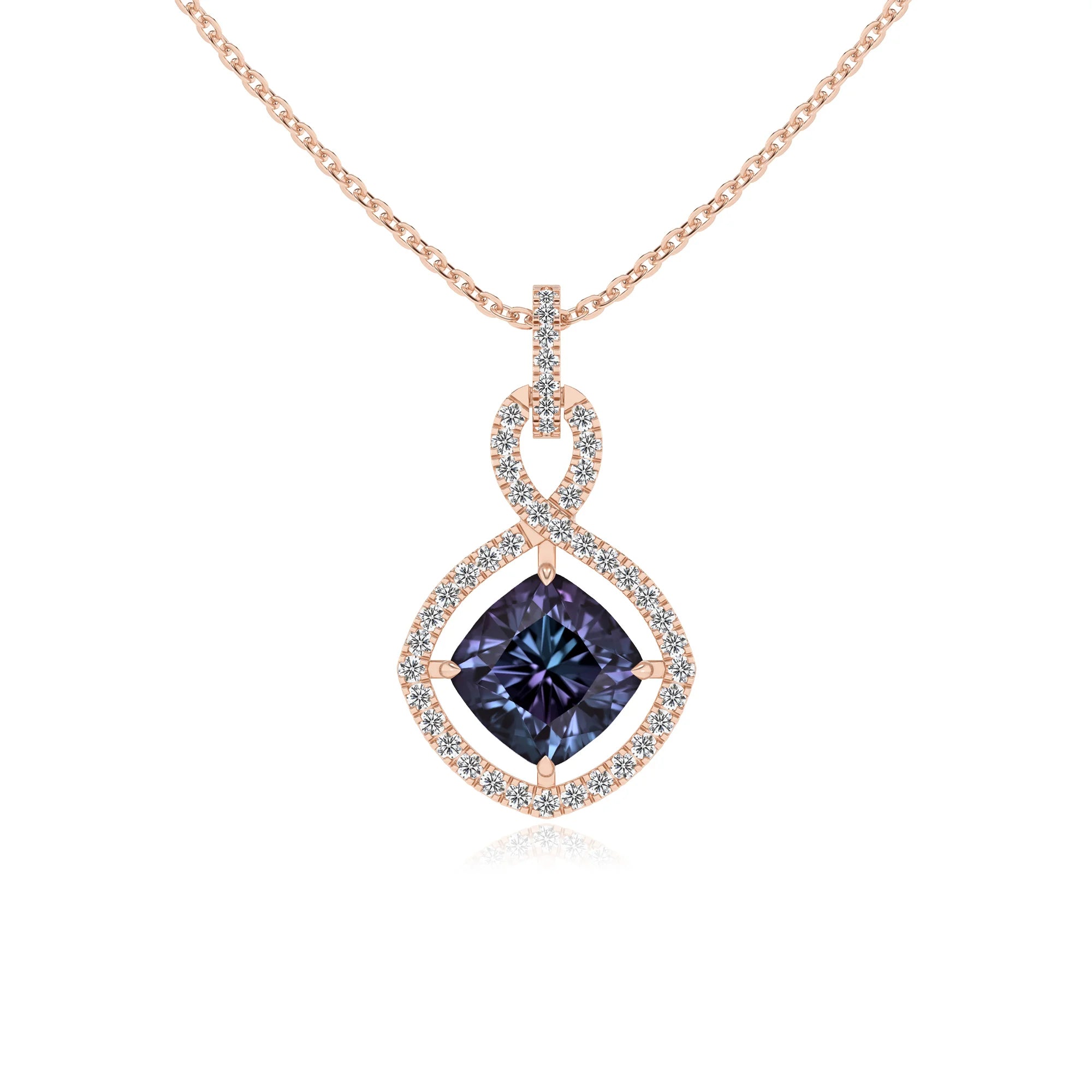 lab grown alexandrite cushion infinity necklaces in rose gold