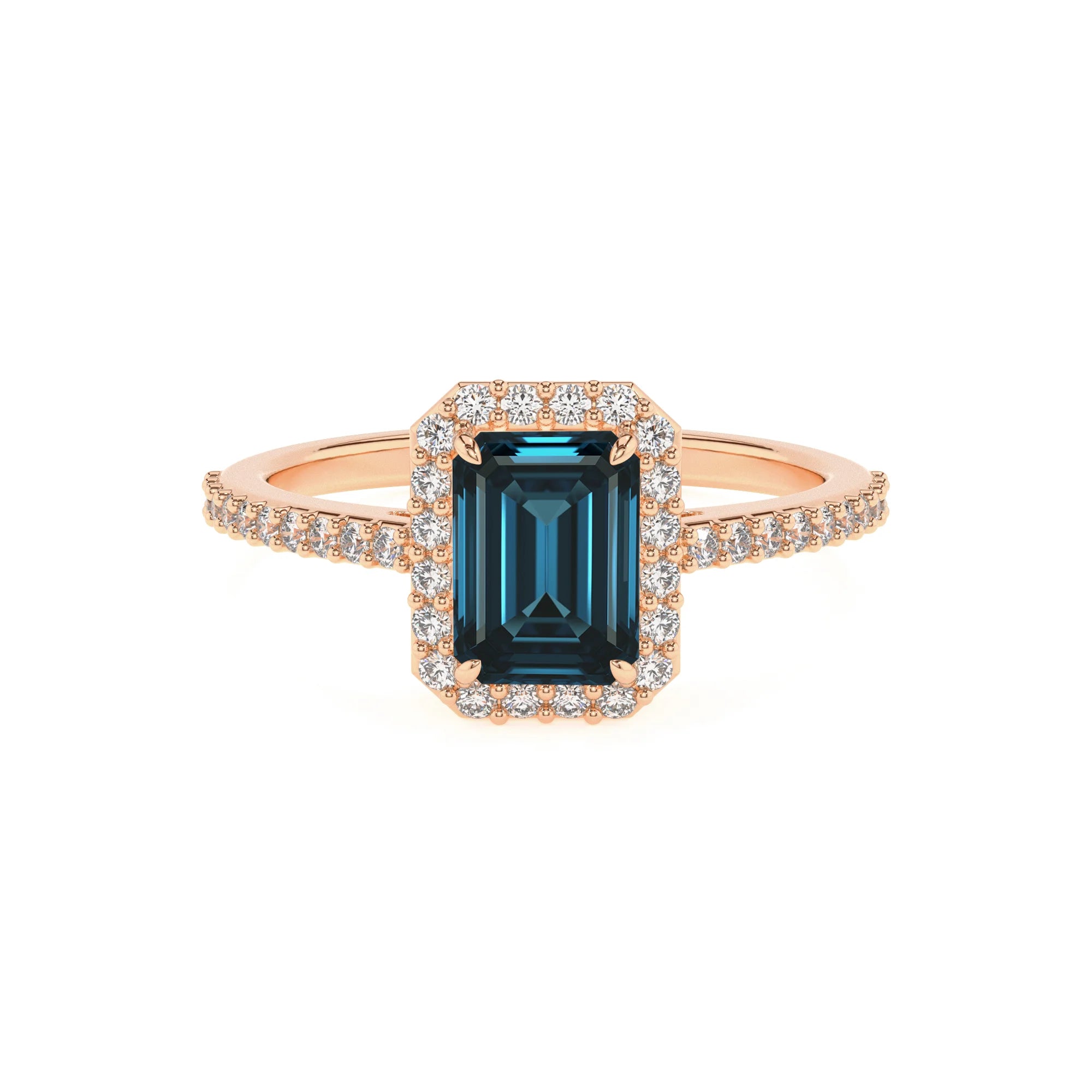 natural london-blue-topaz emerald cut solitaire rings in rose gold