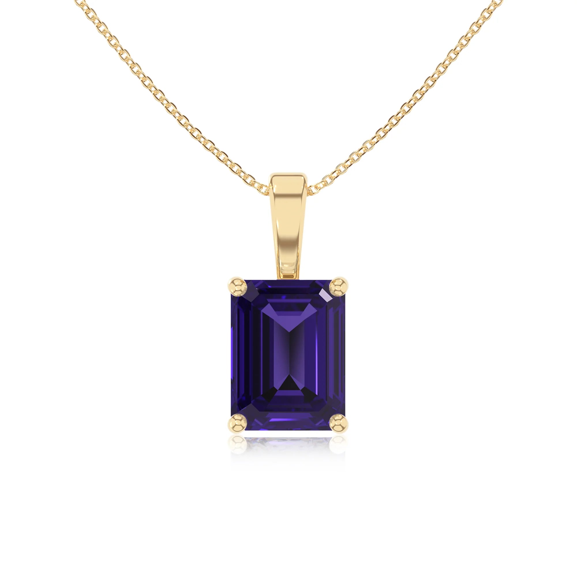 lab grown tanzanite emerald cut solitaire necklaces in yellow gold