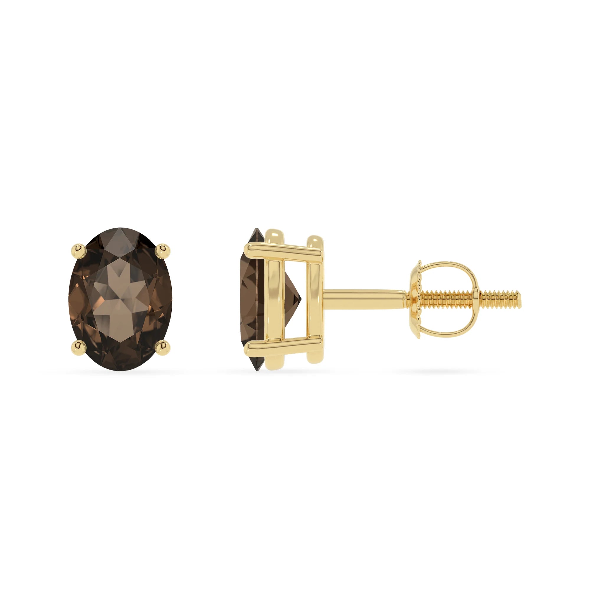 natural smoky quartz oval stud earrings in yellow gold