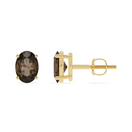 natural smoky quartz oval stud earrings in yellow gold