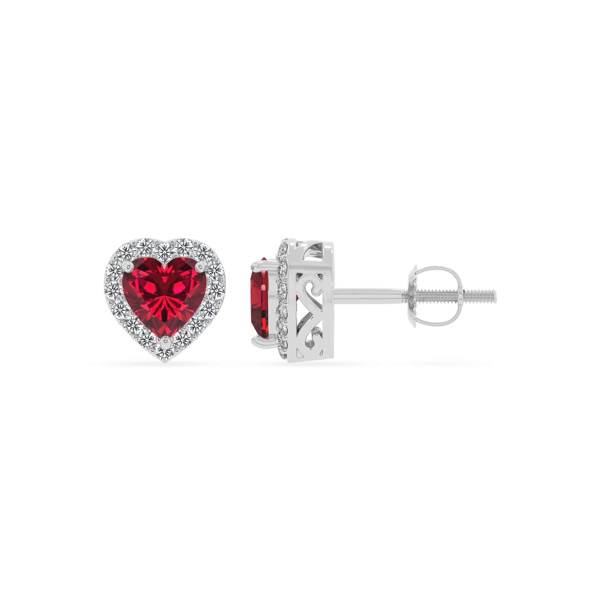 lab grown ruby heart stud earrings in white gold