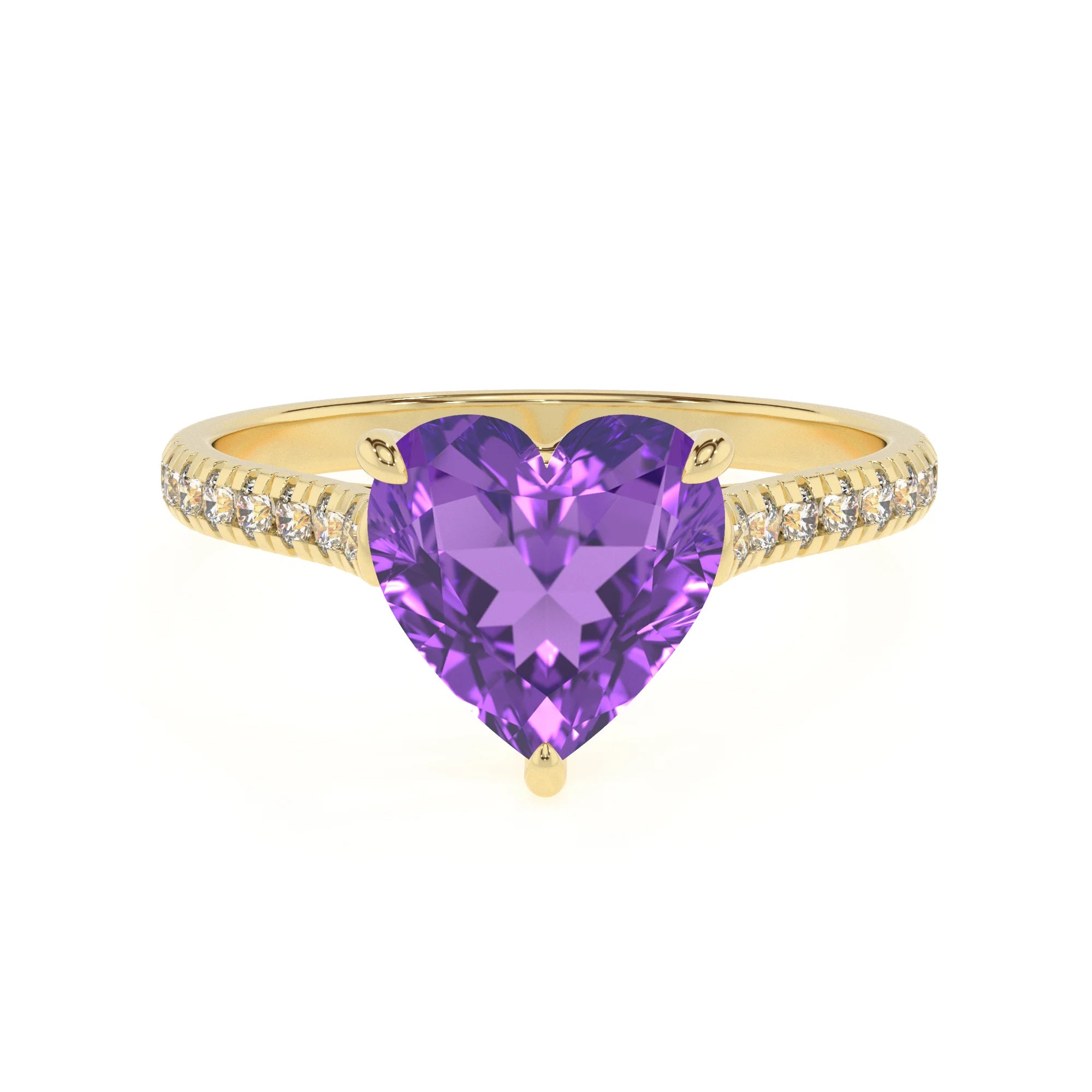 lab grown amethyst heart half eternity solitaire engagement rings in yellow gold