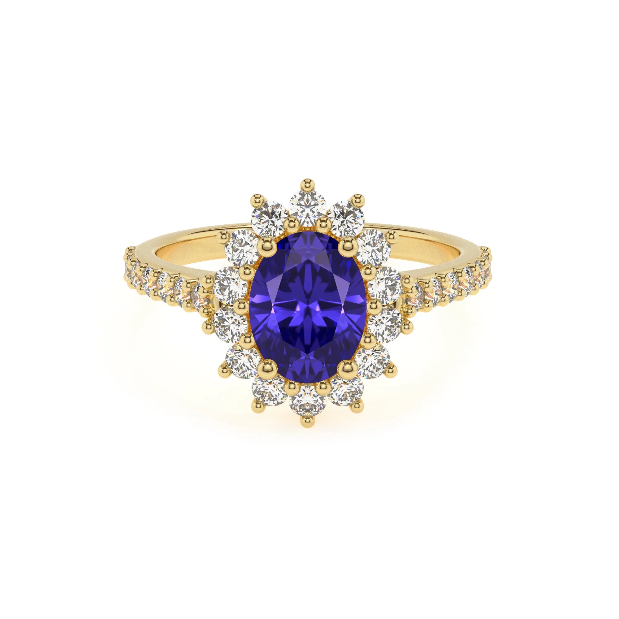 lab grown tanzanite oval solitaire rings in yellow gold