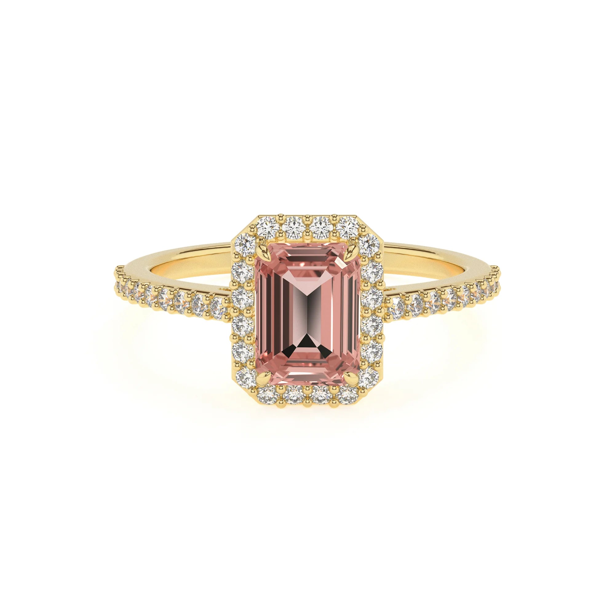 lab grown morganite emerald cut solitaire rings in yellow gold