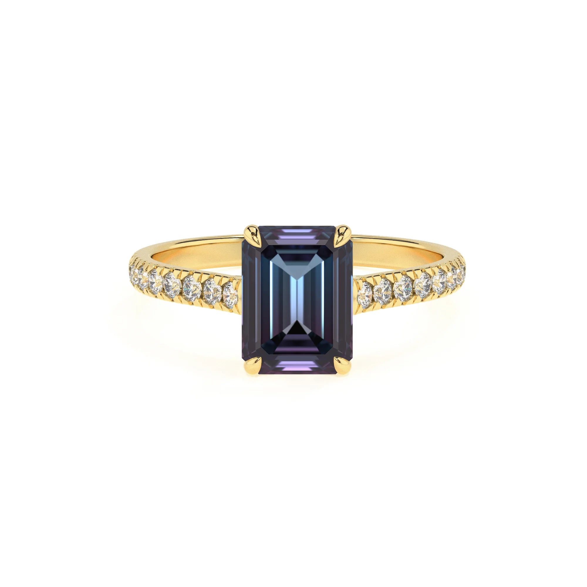 lab grown alexandrite emerald cut half eternity solitaire engagement rings in yellow gold