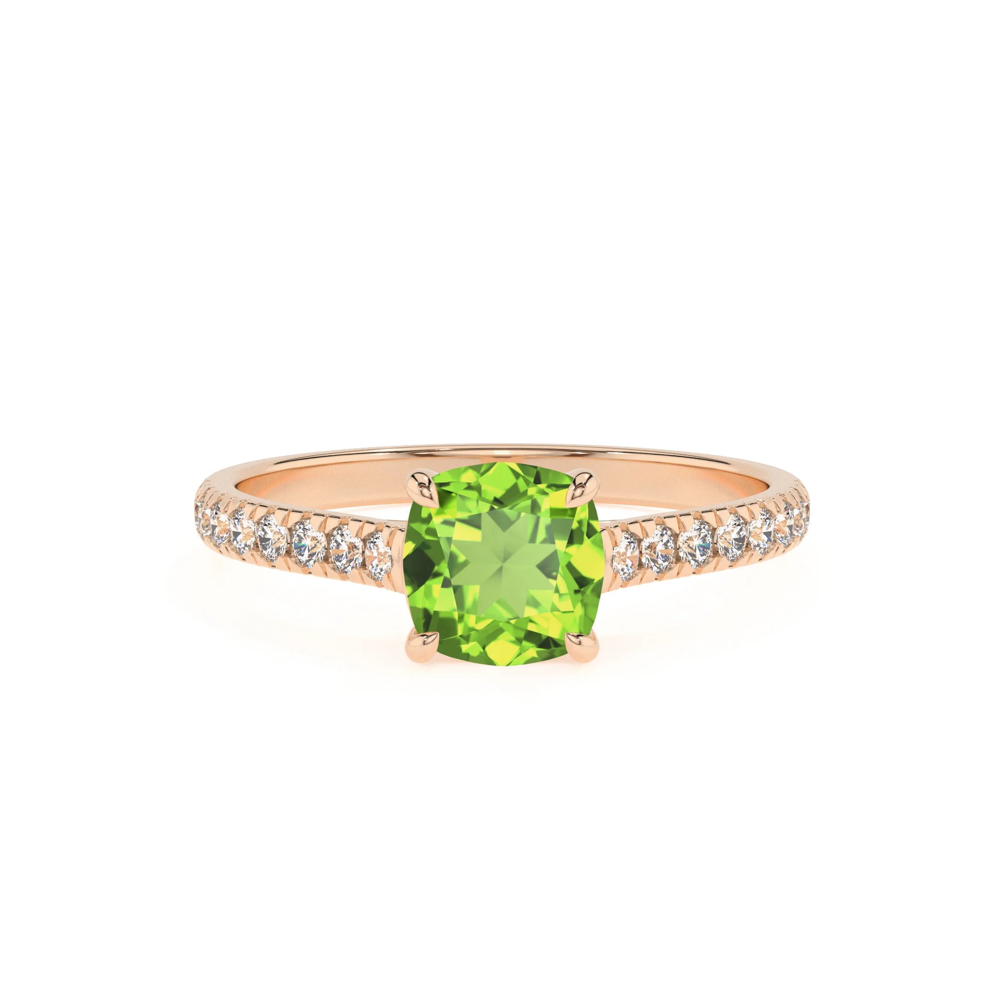 natural peridot cushion half eternity solitaire engagement rings in rose gold