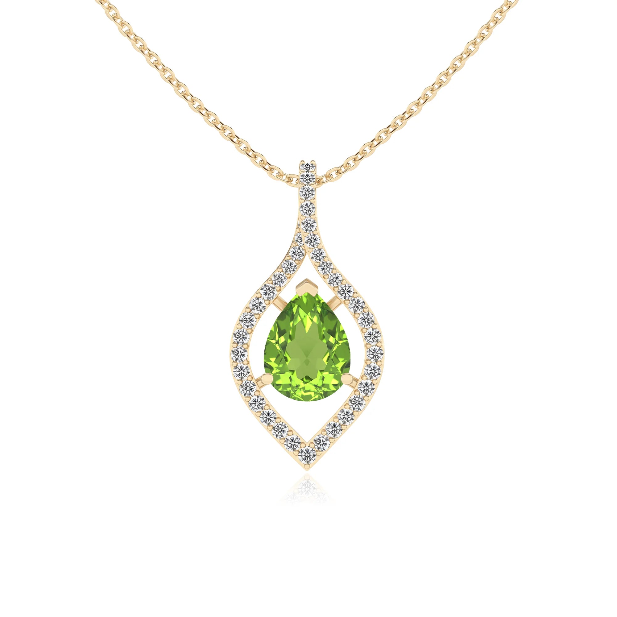 natural peridot pear infinity necklaces in yellow gold