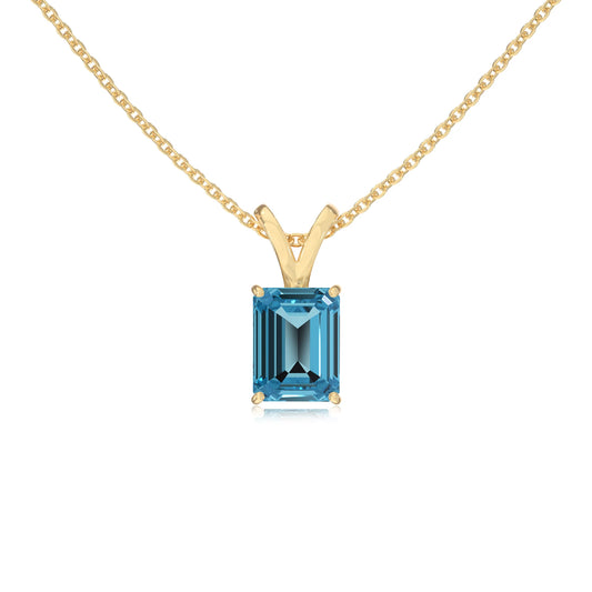 natural swiss-blue-topaz emerald cut solitaire v-bale necklaces in yellow gold