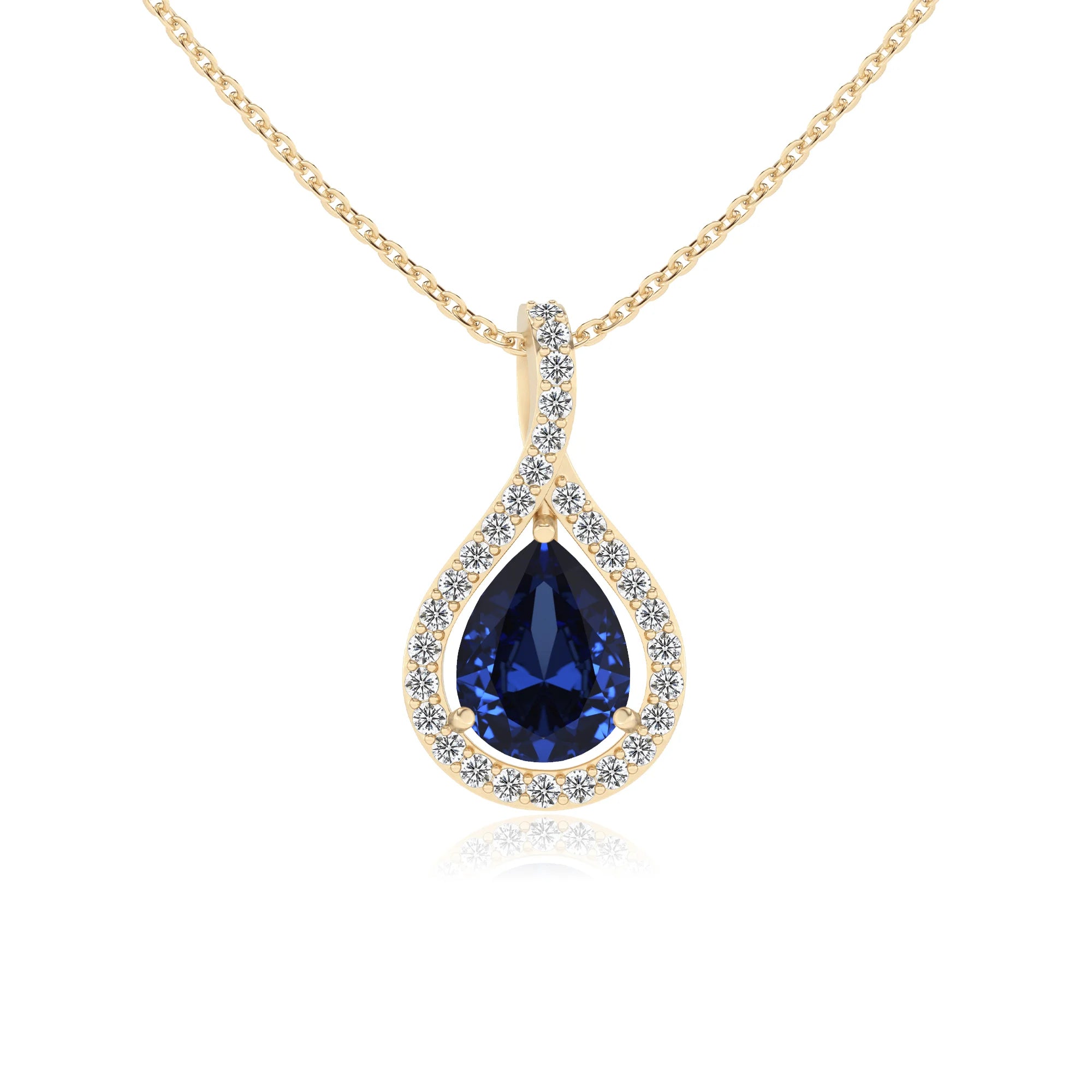 lab grown blue-sapphire pear solitaire necklaces in yellow gold