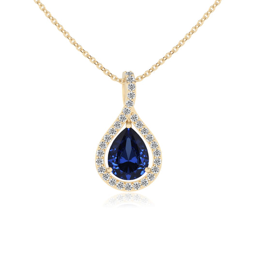 lab grown blue-sapphire pear solitaire necklaces in yellow gold