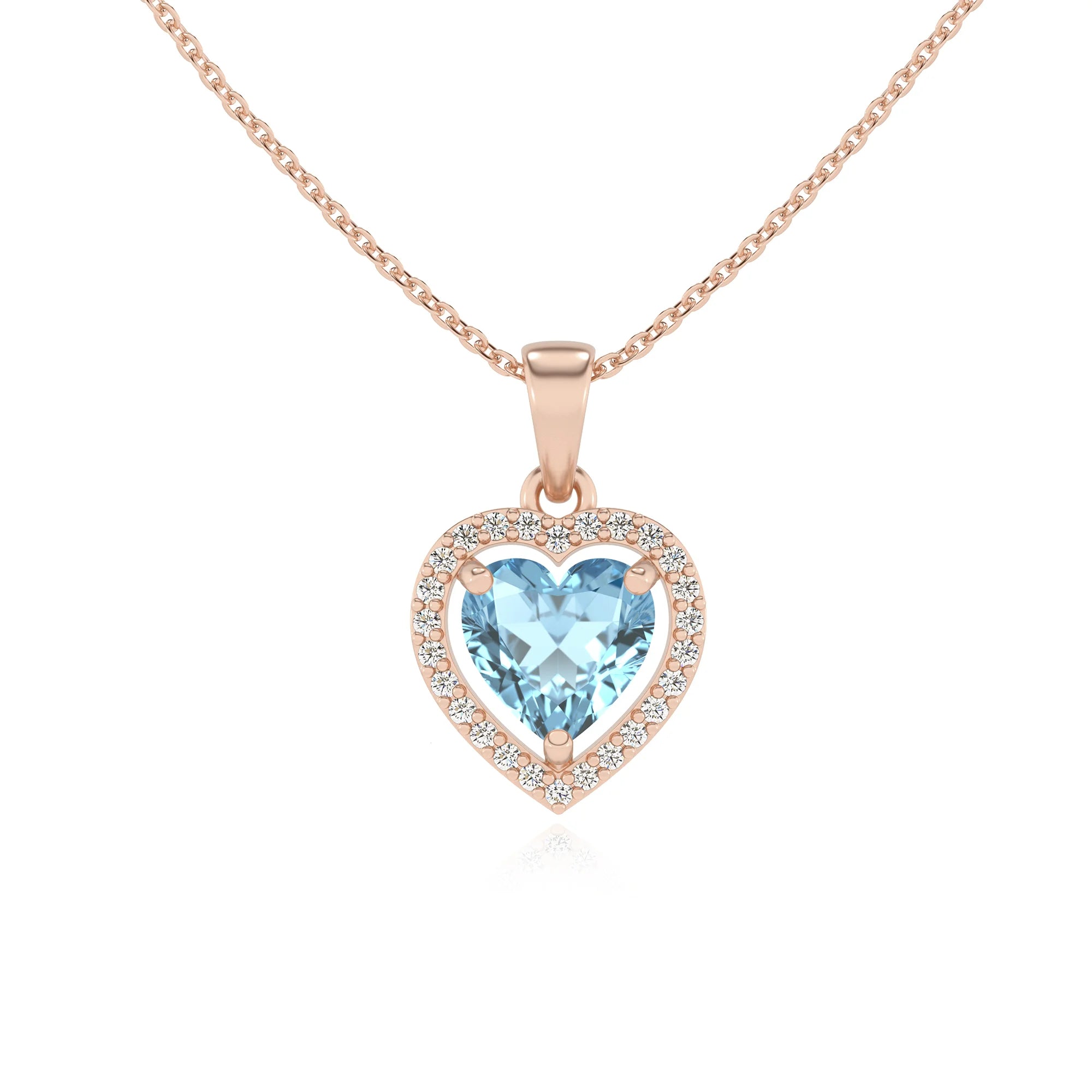 lab grown aquamarine heart solitaire necklaces in rose gold