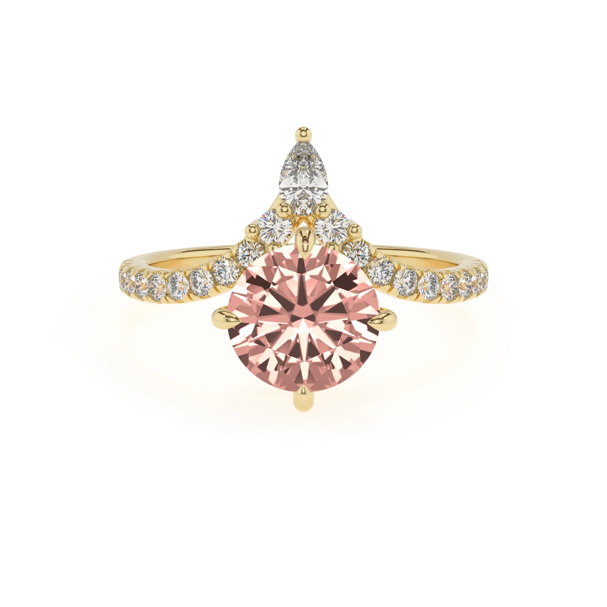 lab grown morganite round solitaire rings in yellow gold
