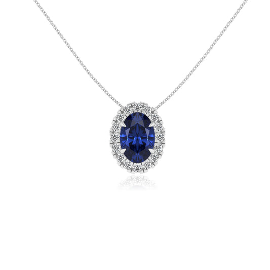 lab grown blue sapphire oval solitaire necklaces in white gold
