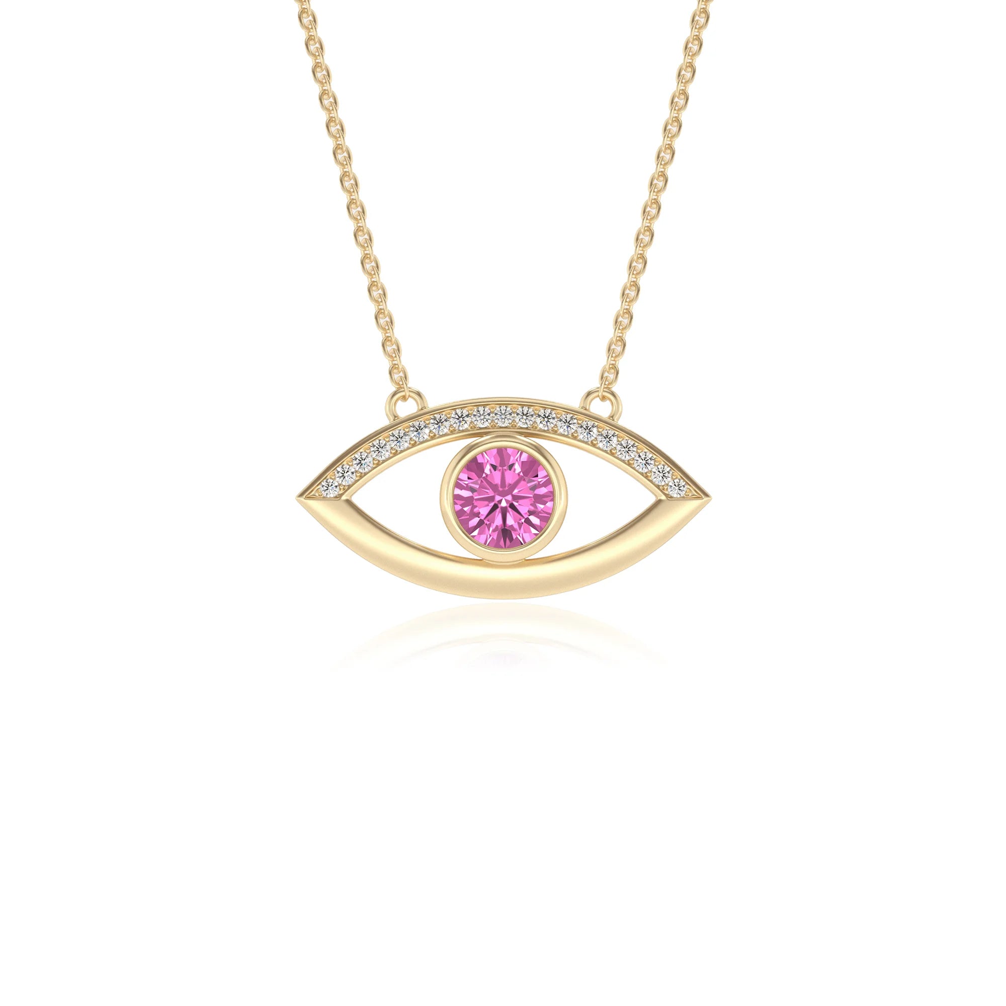 lab grown pink-sapphire round solitaire necklaces in yellow gold