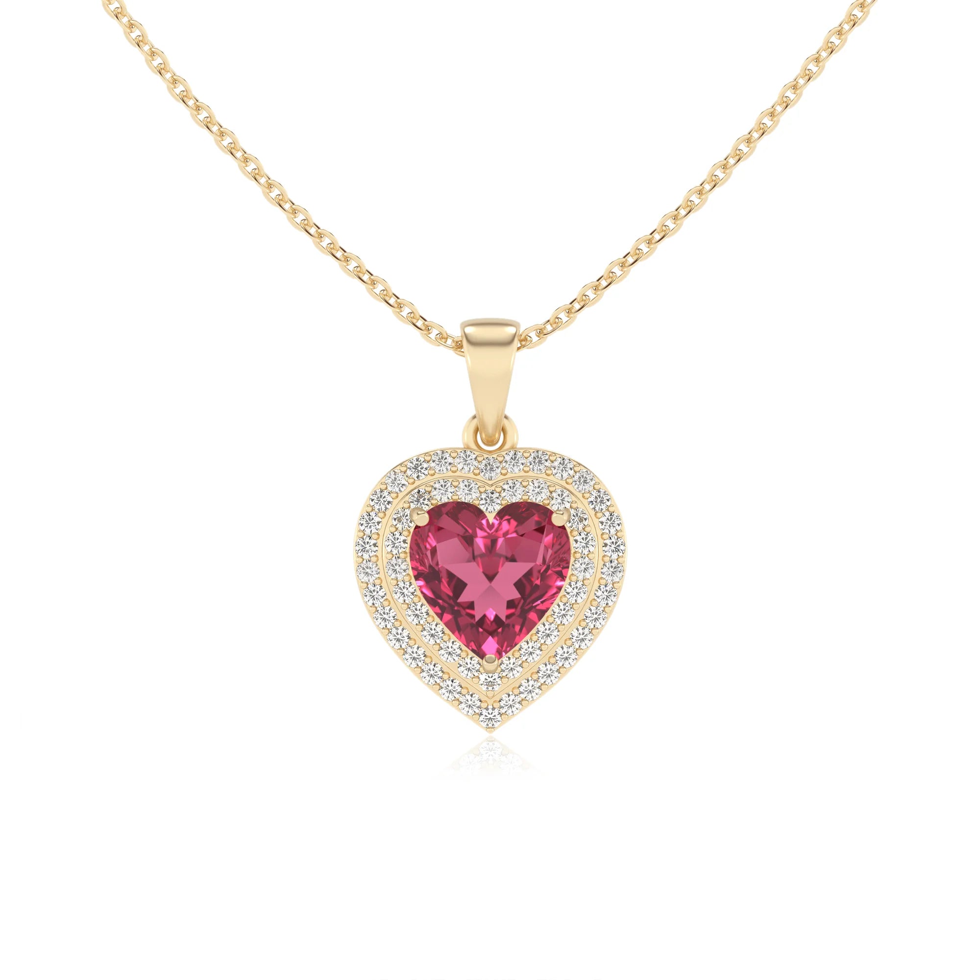 lab grown pink tourmaline heart halo necklaces in yellow gold