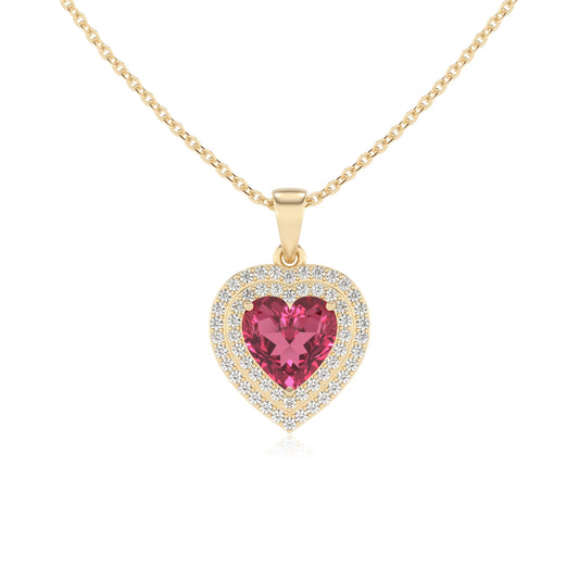 lab grown pink tourmaline heart halo necklaces in yellow gold