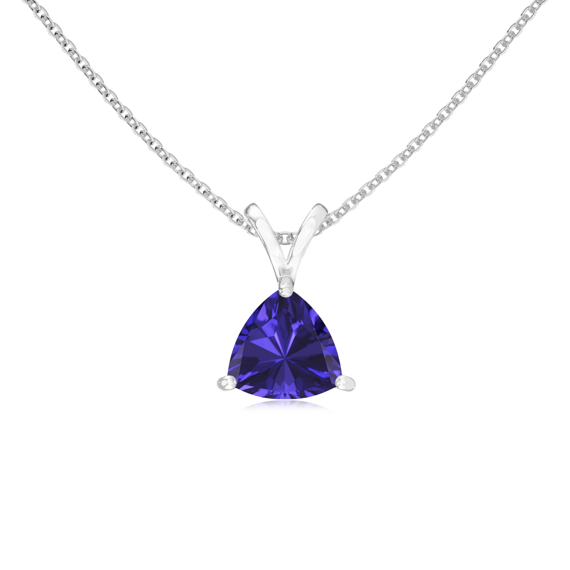 lab grown tanzanite trillion solitaire v-bale necklaces in white gold
