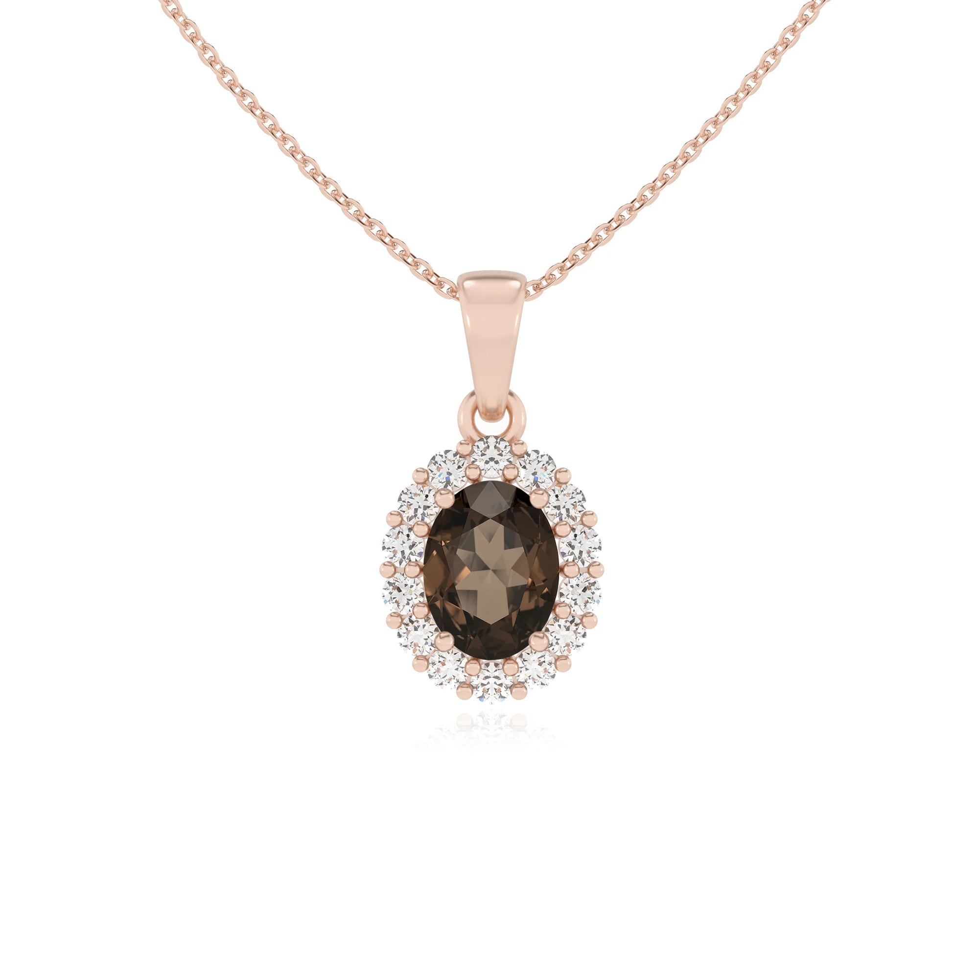 natural smoky-quartz oval solitaire necklaces in rose gold