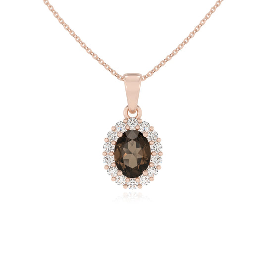 natural smoky-quartz oval solitaire necklaces in rose gold