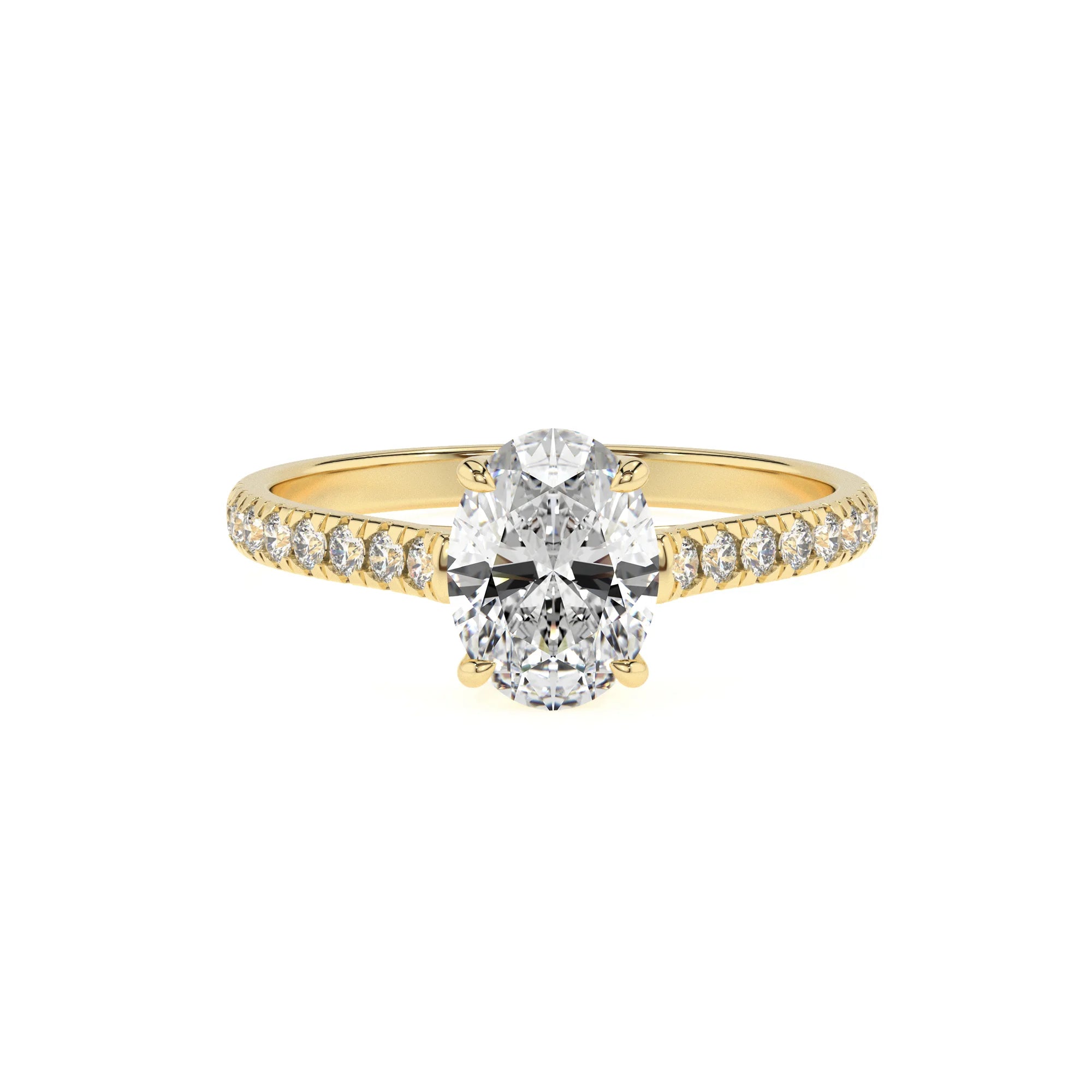 lab grown moissanite oval half eternity solitaire engagement rings in yellow gold