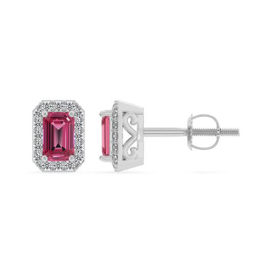 lab grown pink tourmaline emerald cut stud earrings in white gold