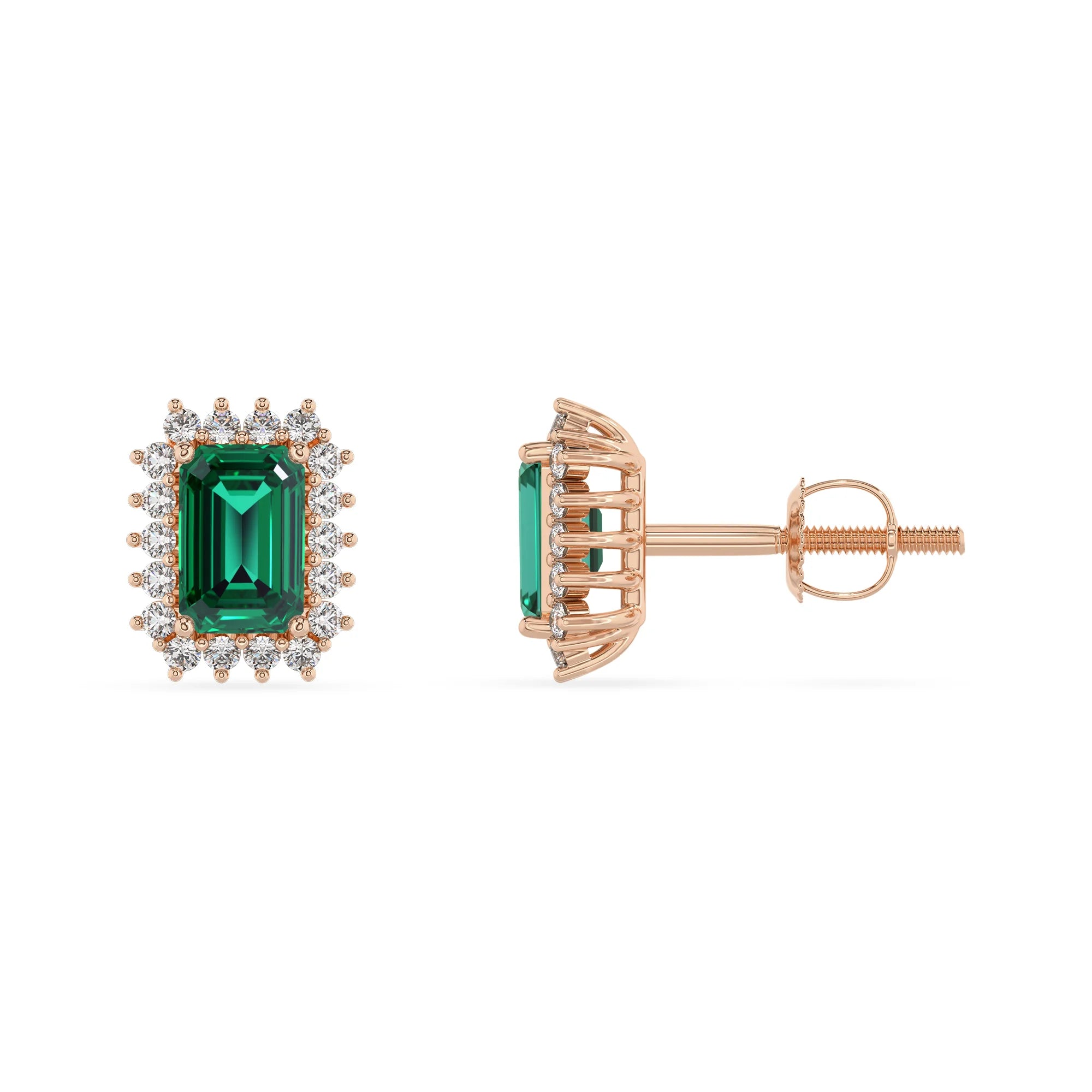 lab grown emerald octogon cut stud earrings in rose gold