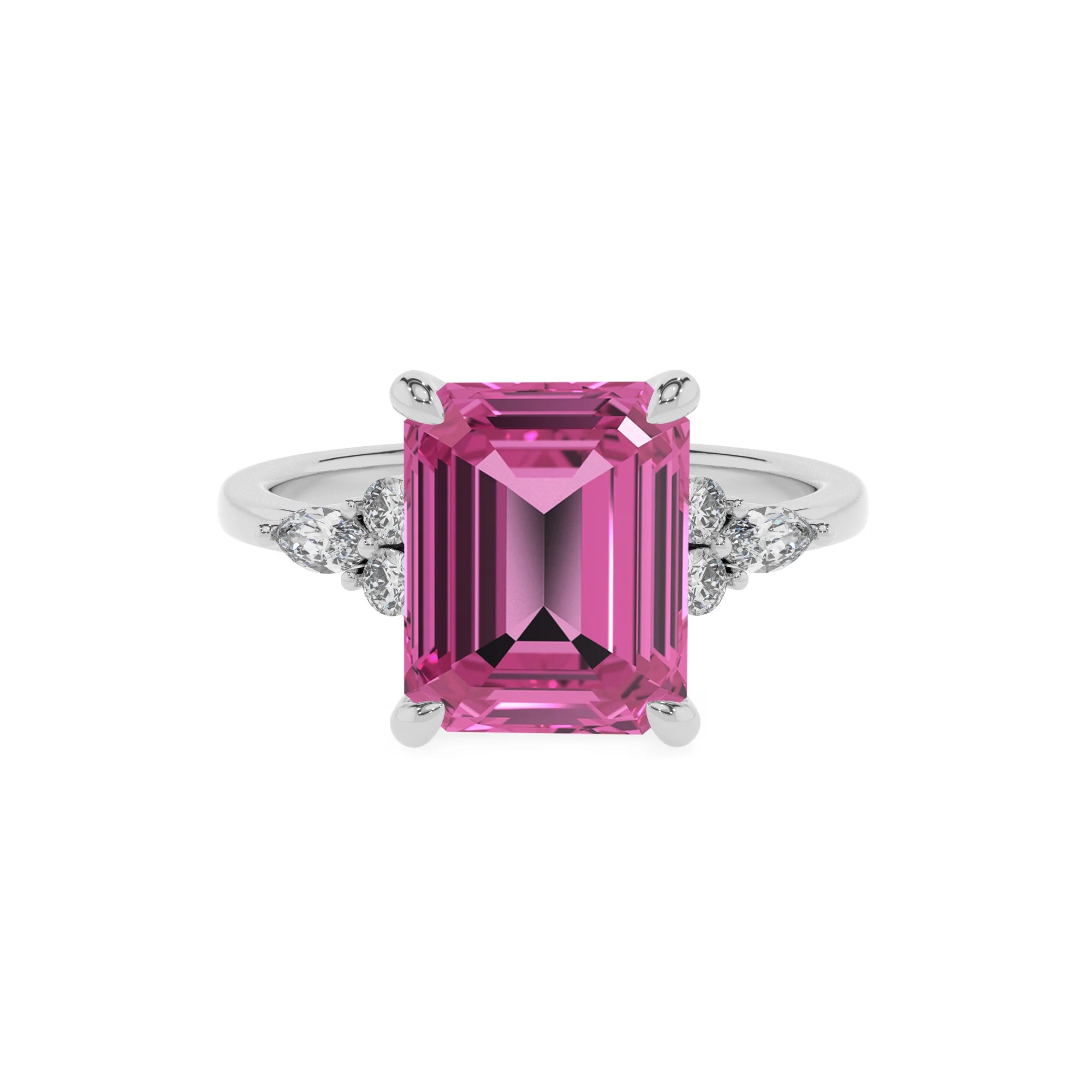 lab grown pink-sapphire emerald cut solitaire rings in sterling silver