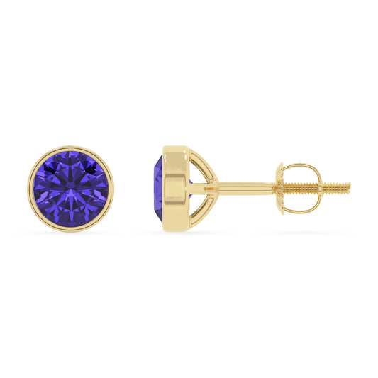 lab grown tanzanite round stud earrings in yellow gold