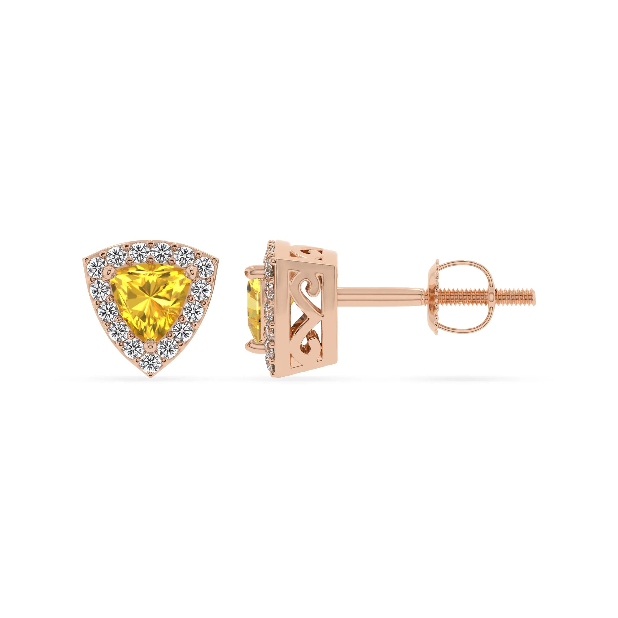 lab grown yellow sapphire trillion stud earrings in rose gold