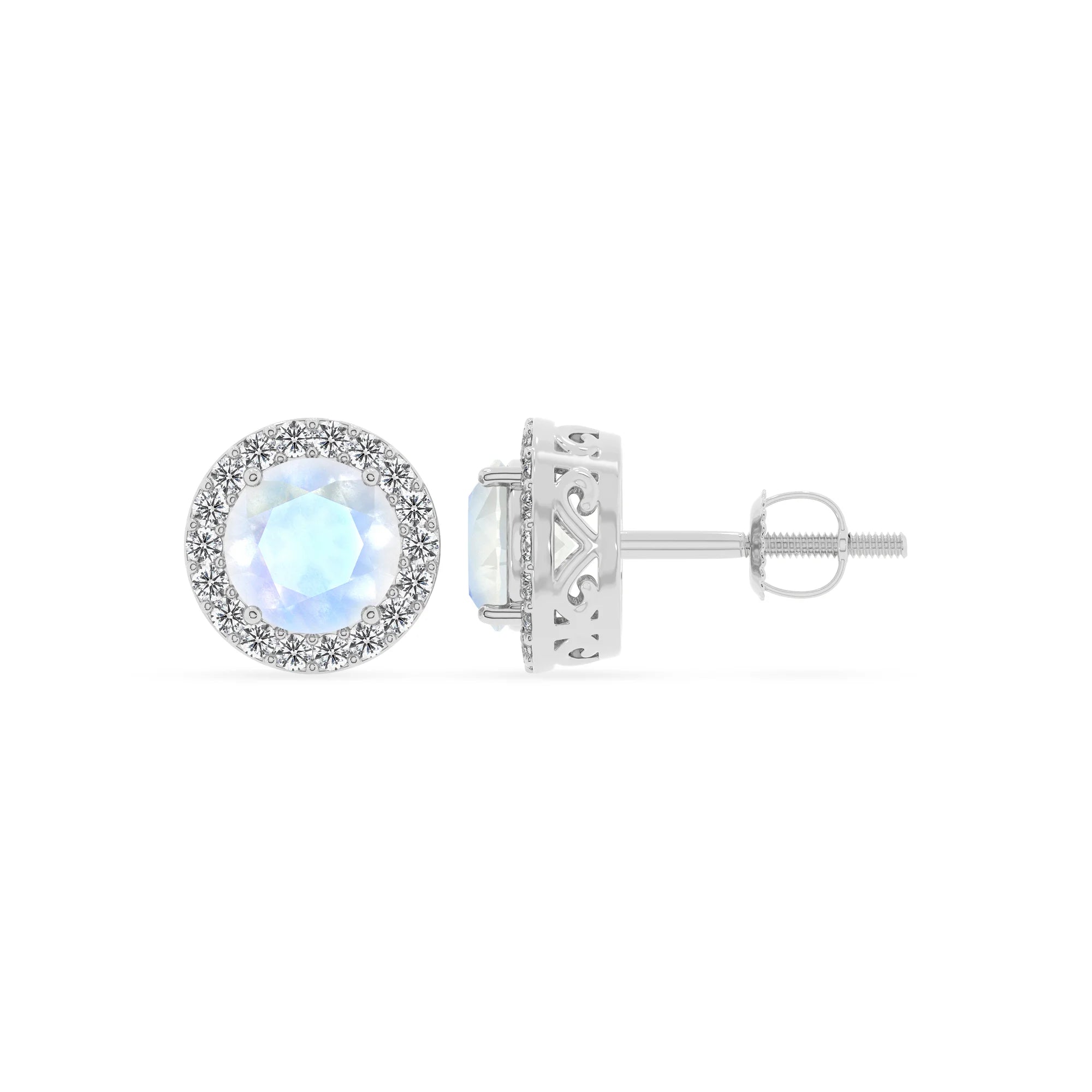 natural rainbow moonstone round stud earrings in white gold
