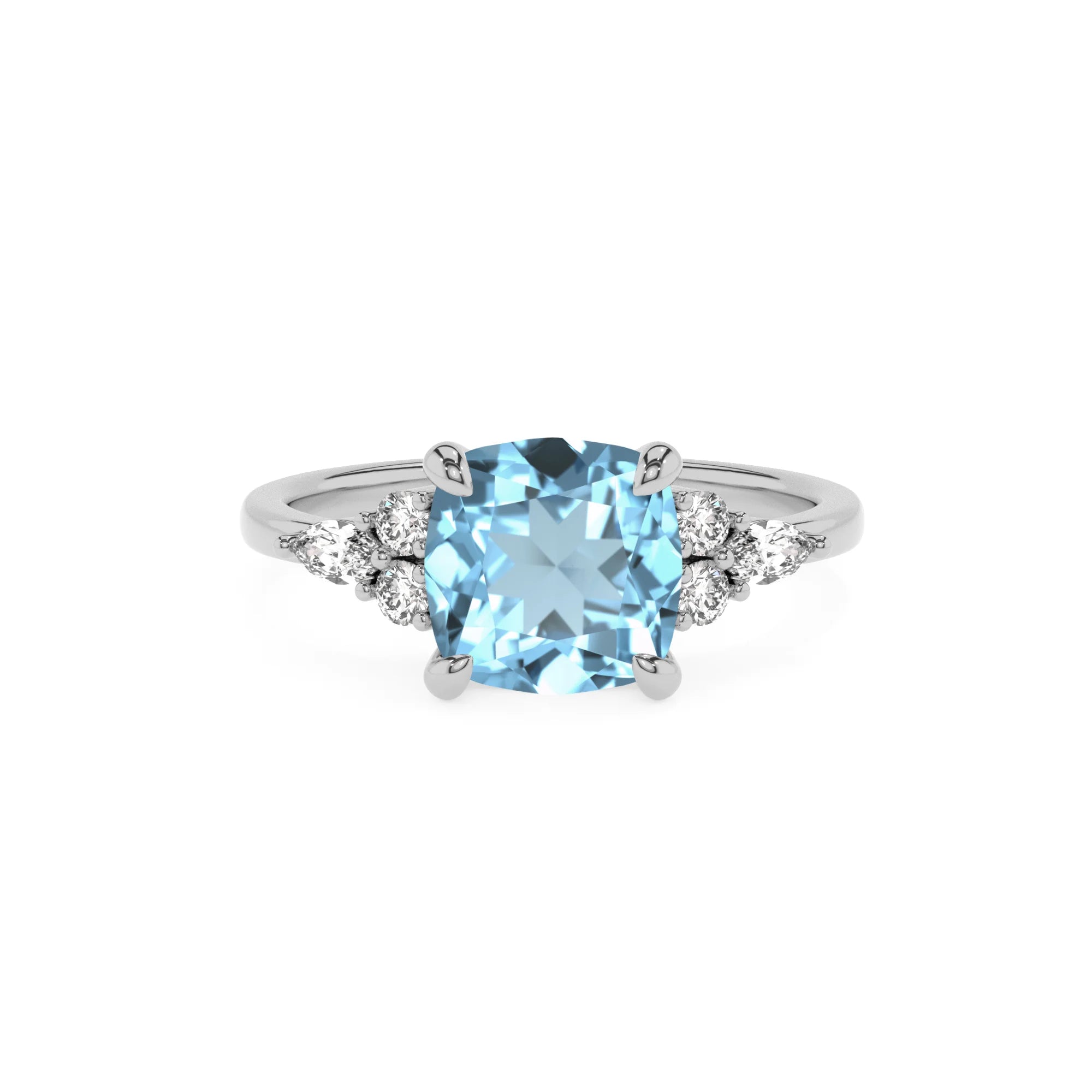 lab grown aquamarine cushion solitaire rings in sterling silver