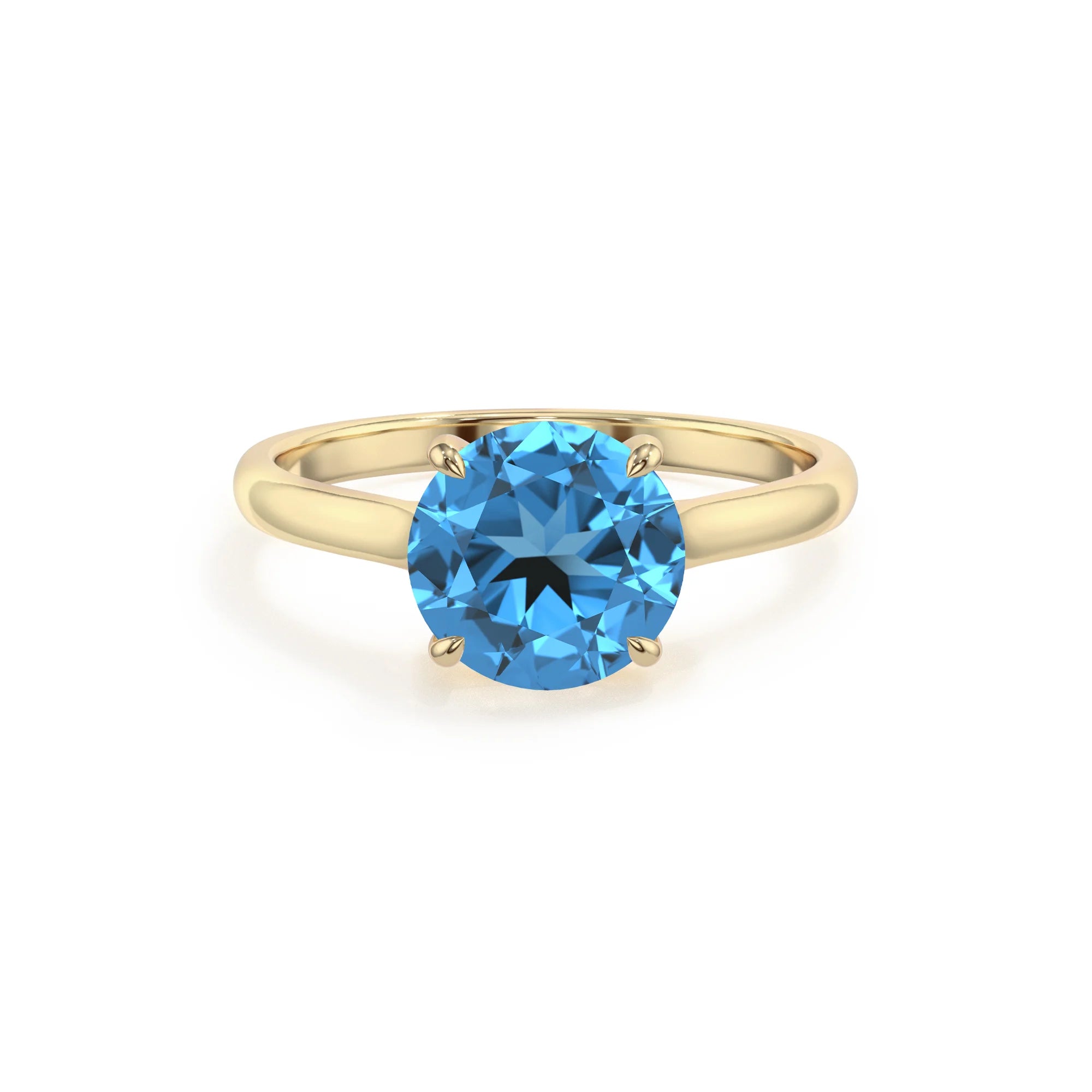 natural swiss-blue-topaz round solitaire rings in yellow gold