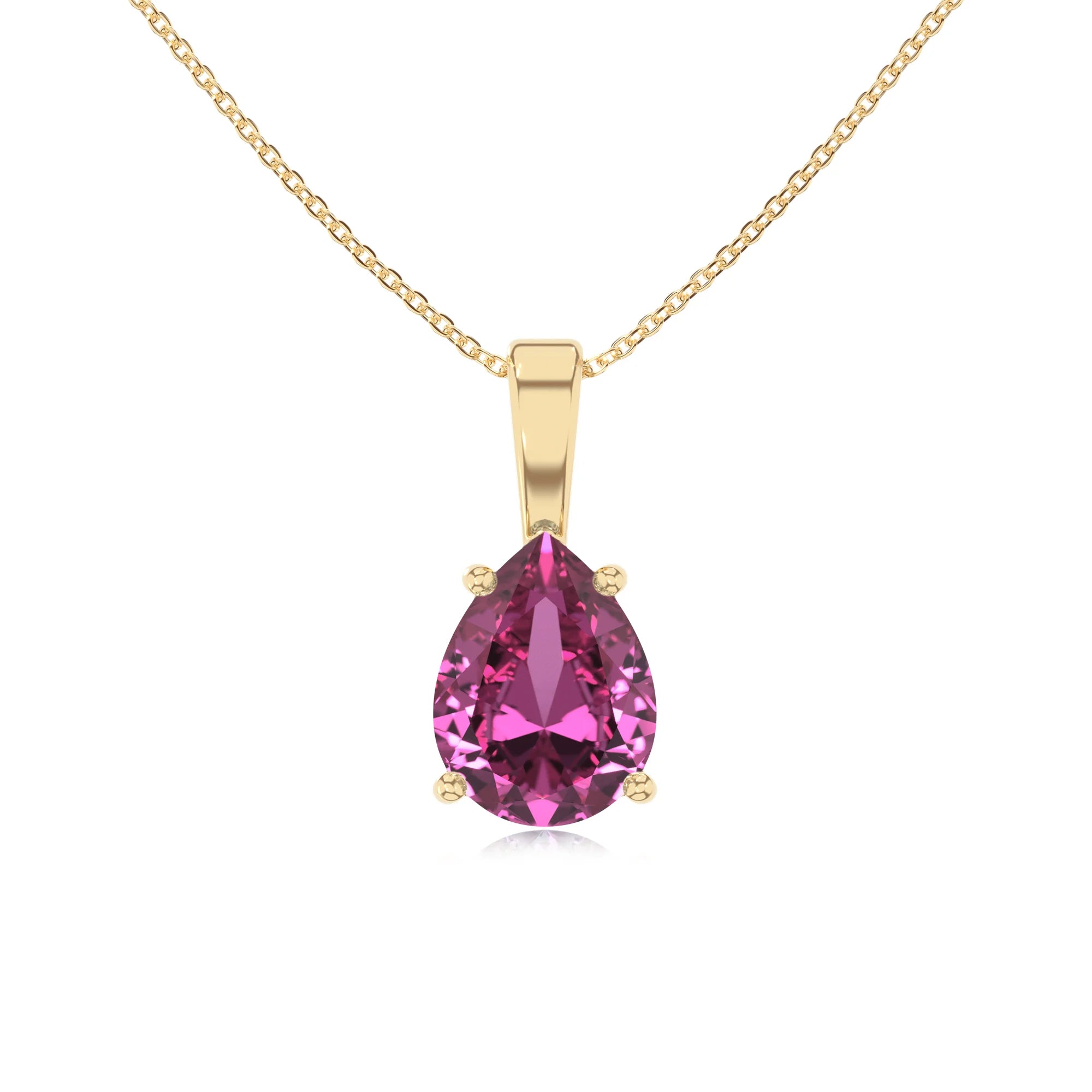 lab grown pink-sapphire pear solitaire necklaces in yellow gold