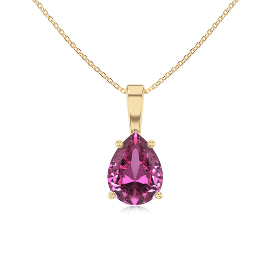 lab grown pink-sapphire pear solitaire necklaces in yellow gold