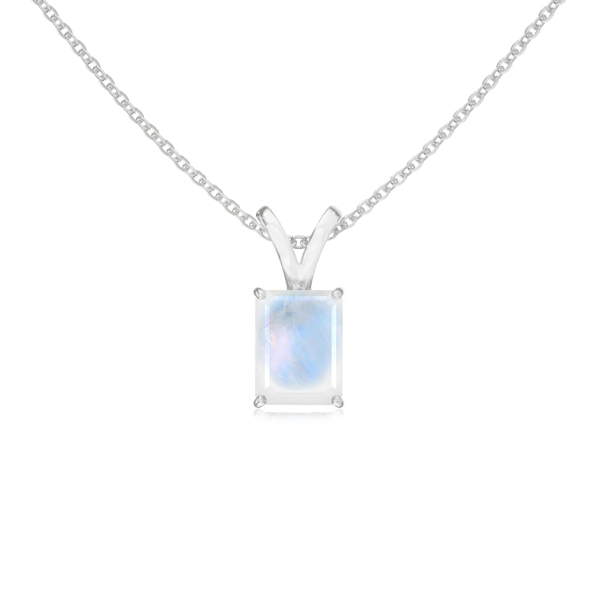 natural rainbow-moonstone emerald cut solitaire v-bale necklaces in sterling silver