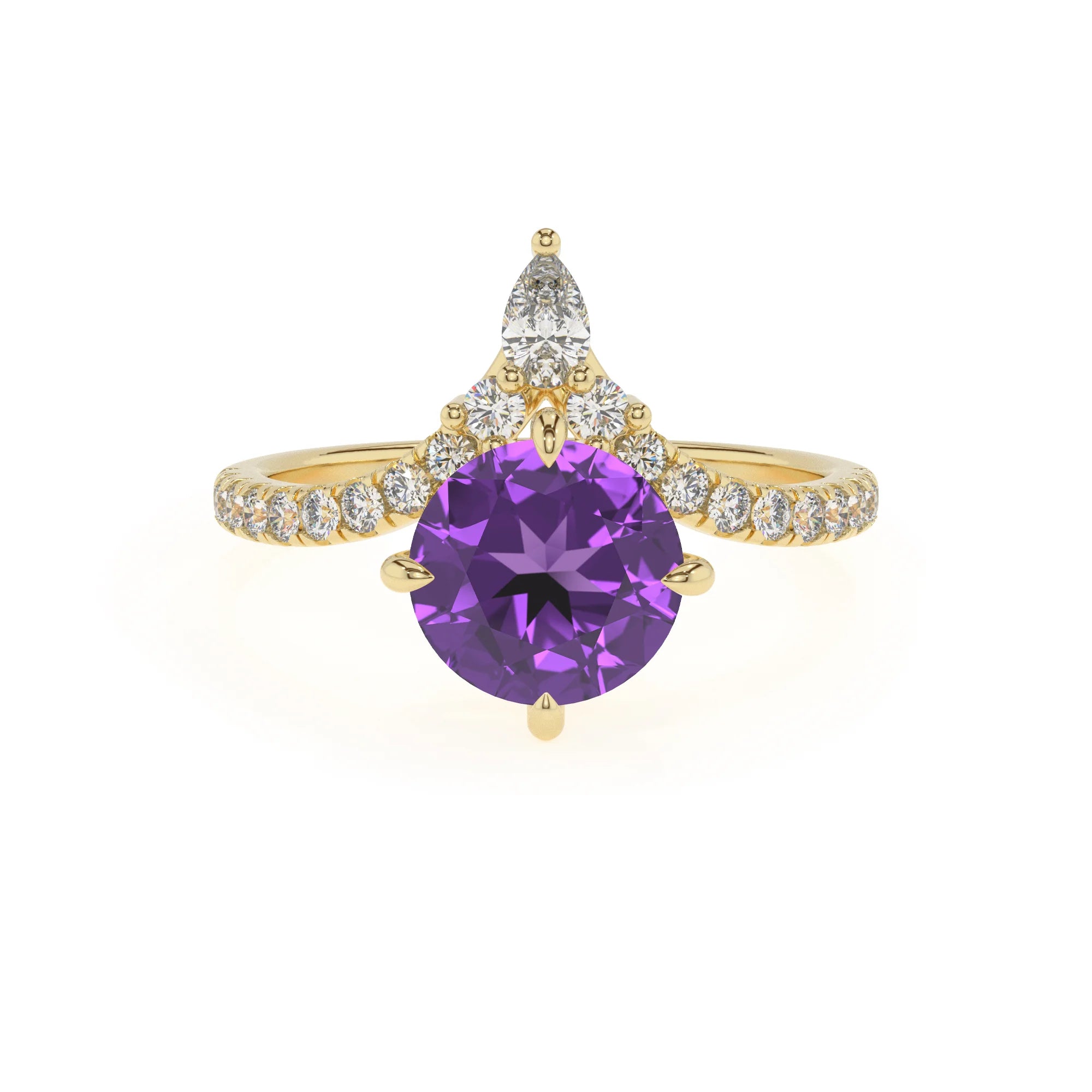 lab grown amethyst round solitaire rings in yellow gold