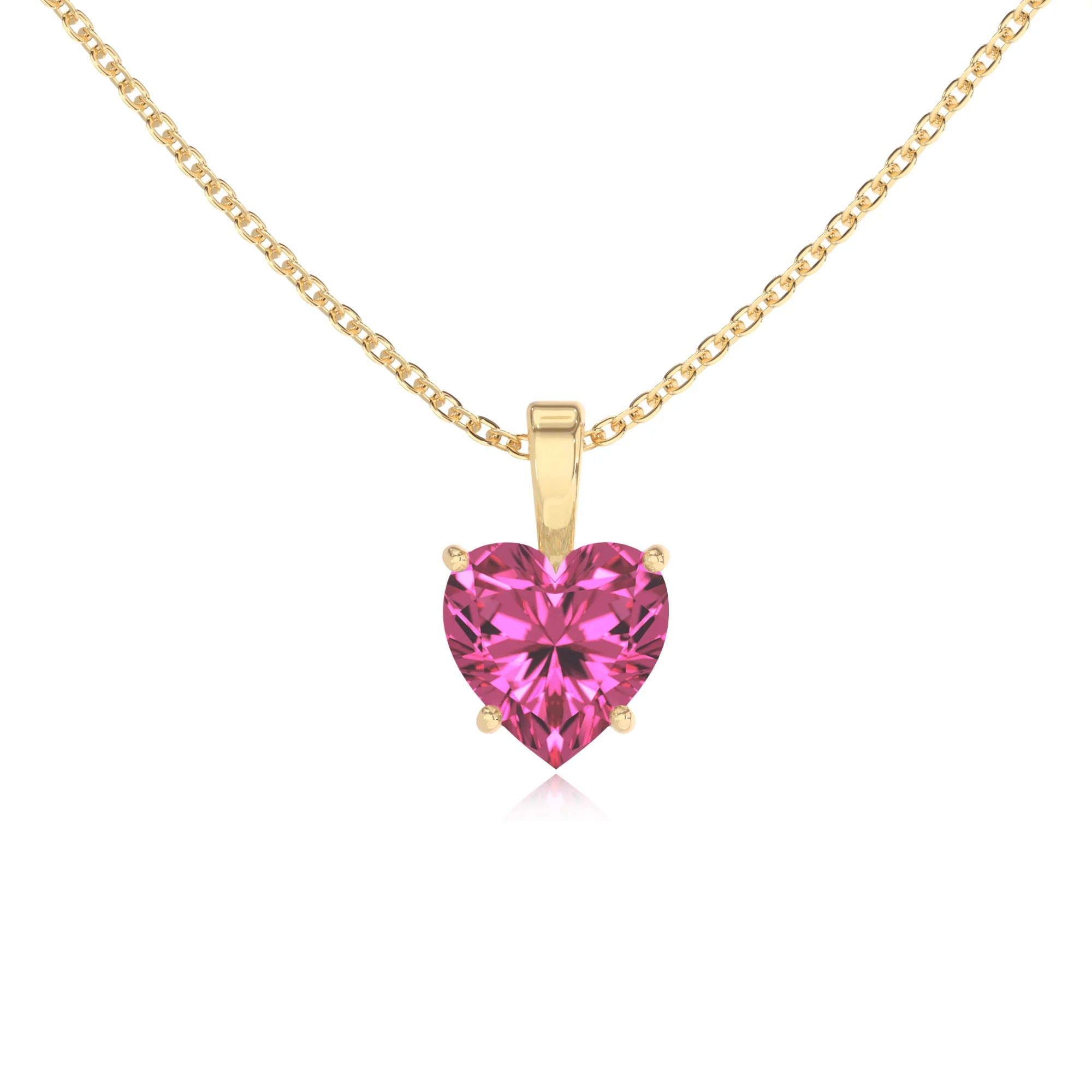 lab grown pink-sapphire heart solitaire necklaces in yellow gold