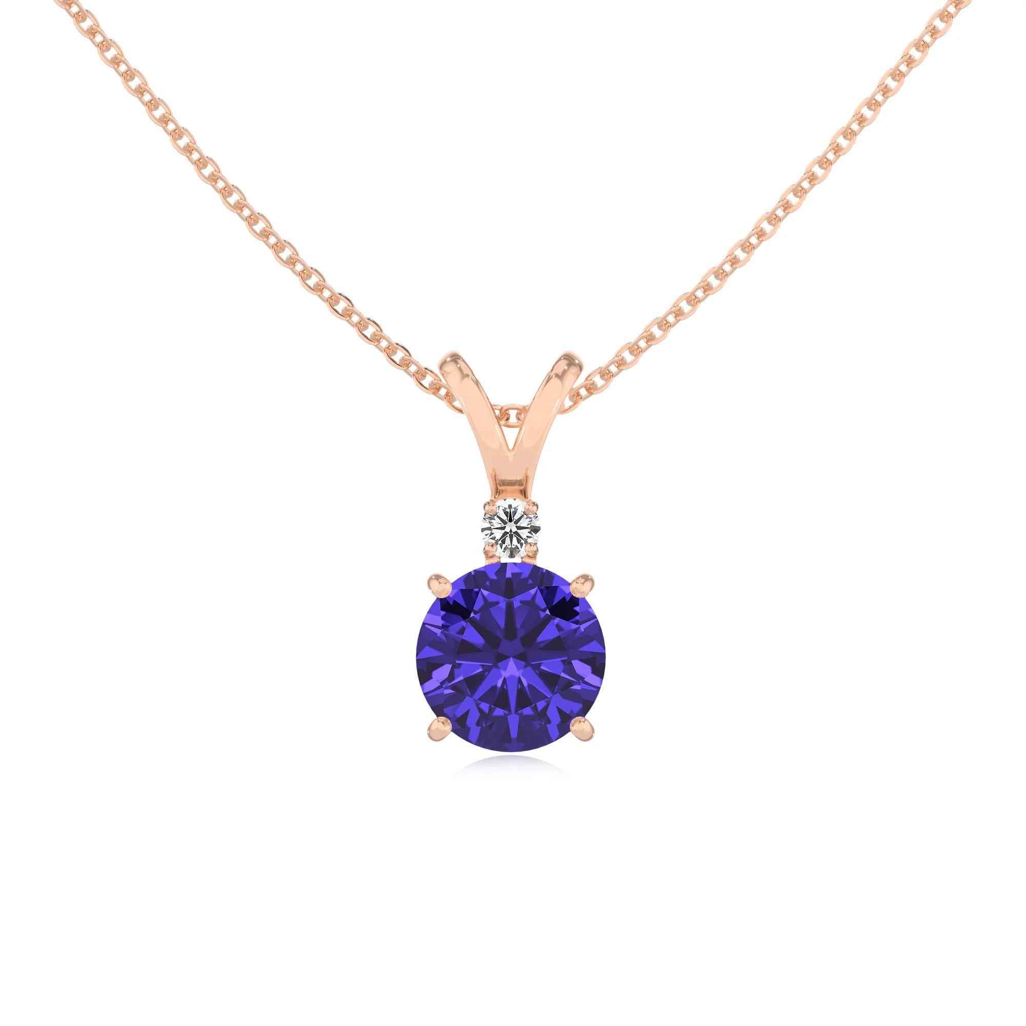 lab grown tanzanite round solitaire v-bale necklaces in rose gold