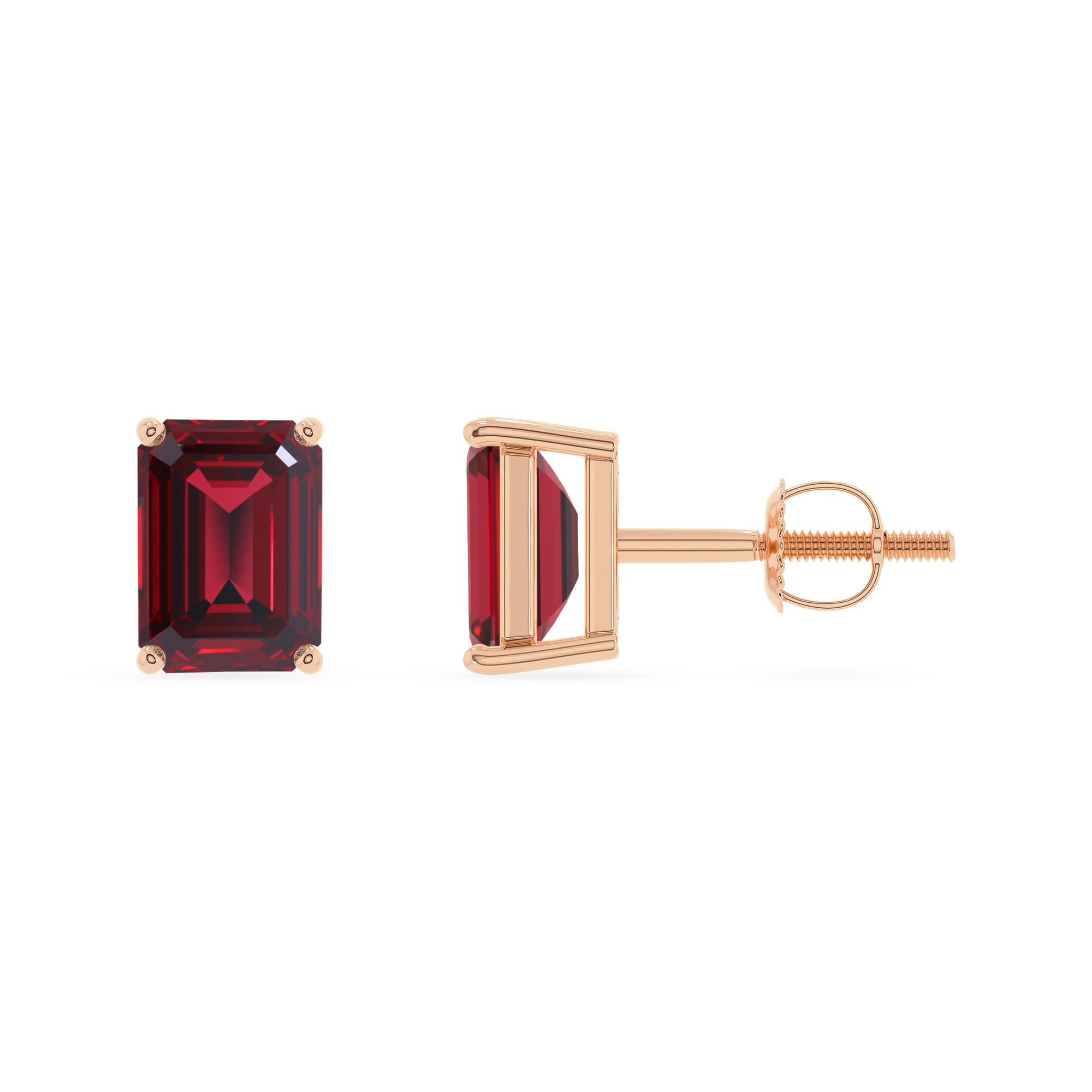 lab grown ruby emerald cut stud earrings in rose gold