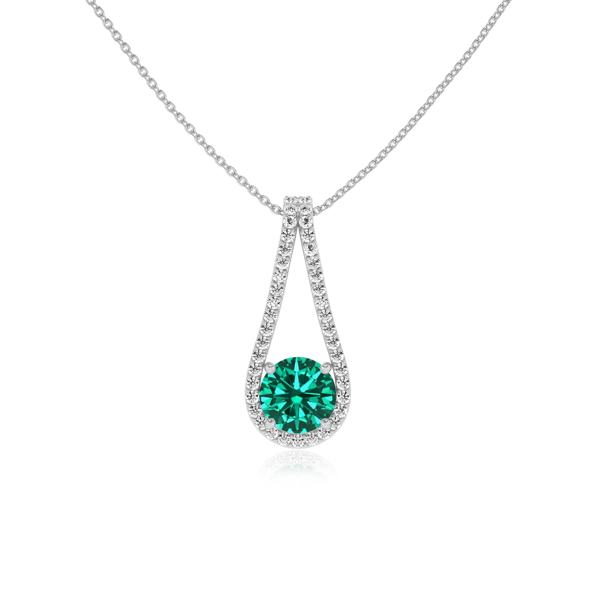 lab grown emerald round solitaire v-bale necklaces in white gold