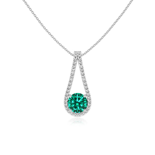 lab grown emerald round solitaire v-bale necklaces in white gold