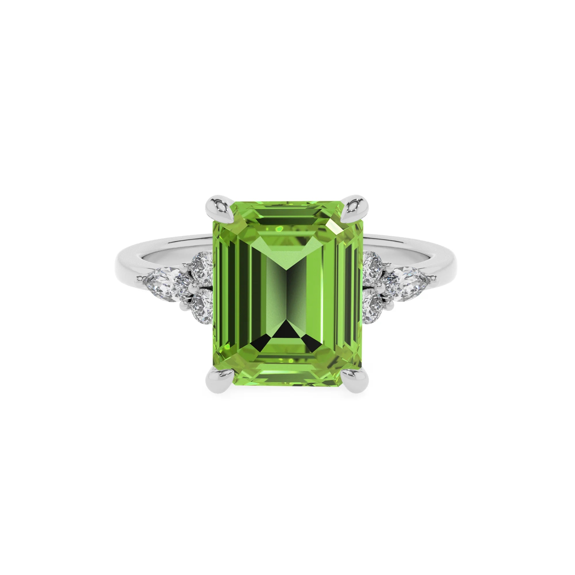 natural peridot emerald cut solitaire rings in white gold