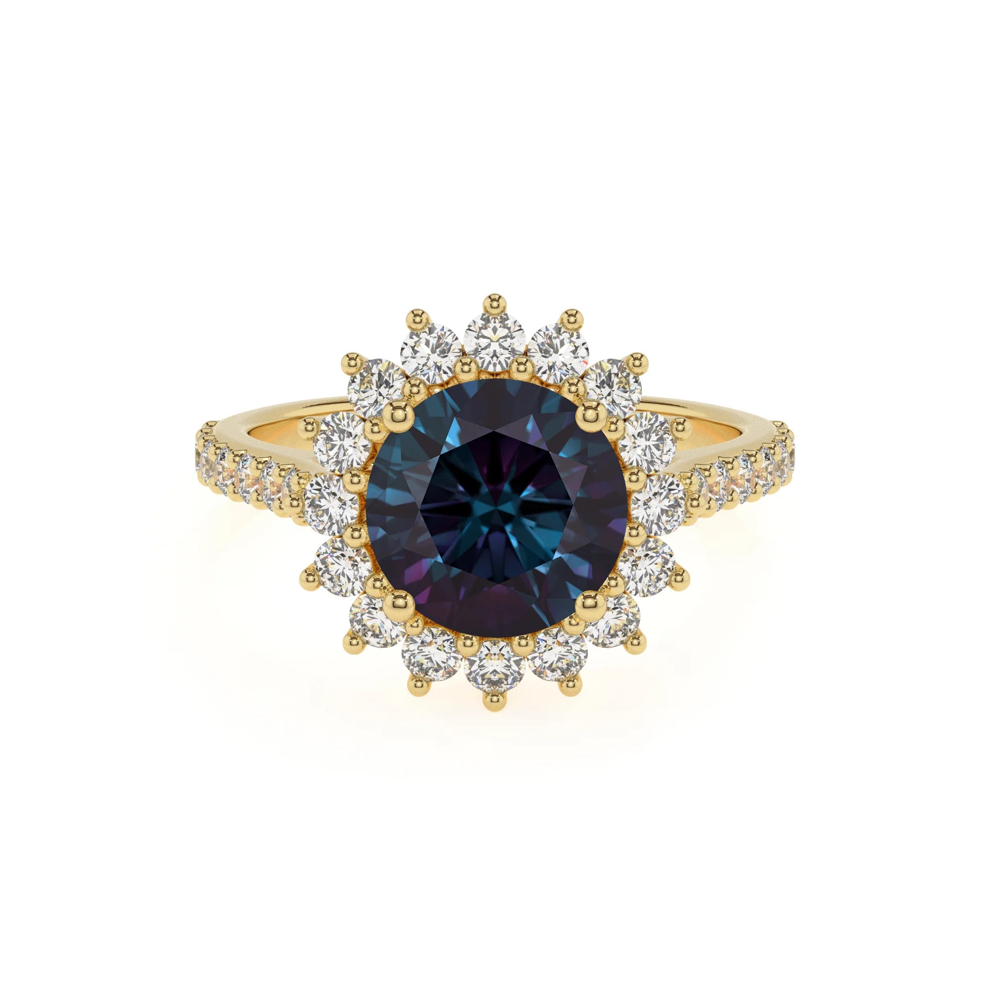 lab grown alexandrite round solitaire rings in yellow gold