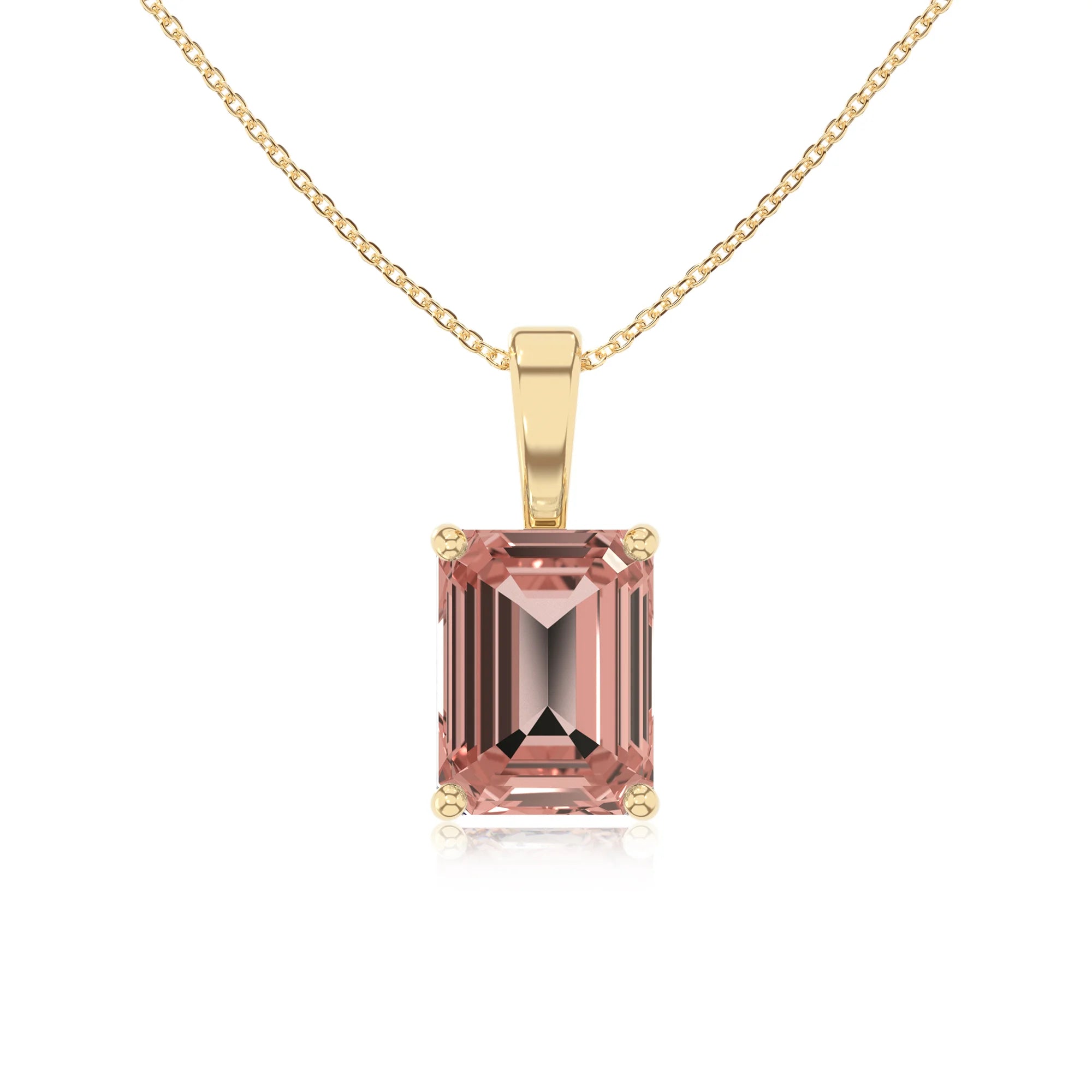 lab grown morganite emerald cut solitaire necklaces in yellow gold
