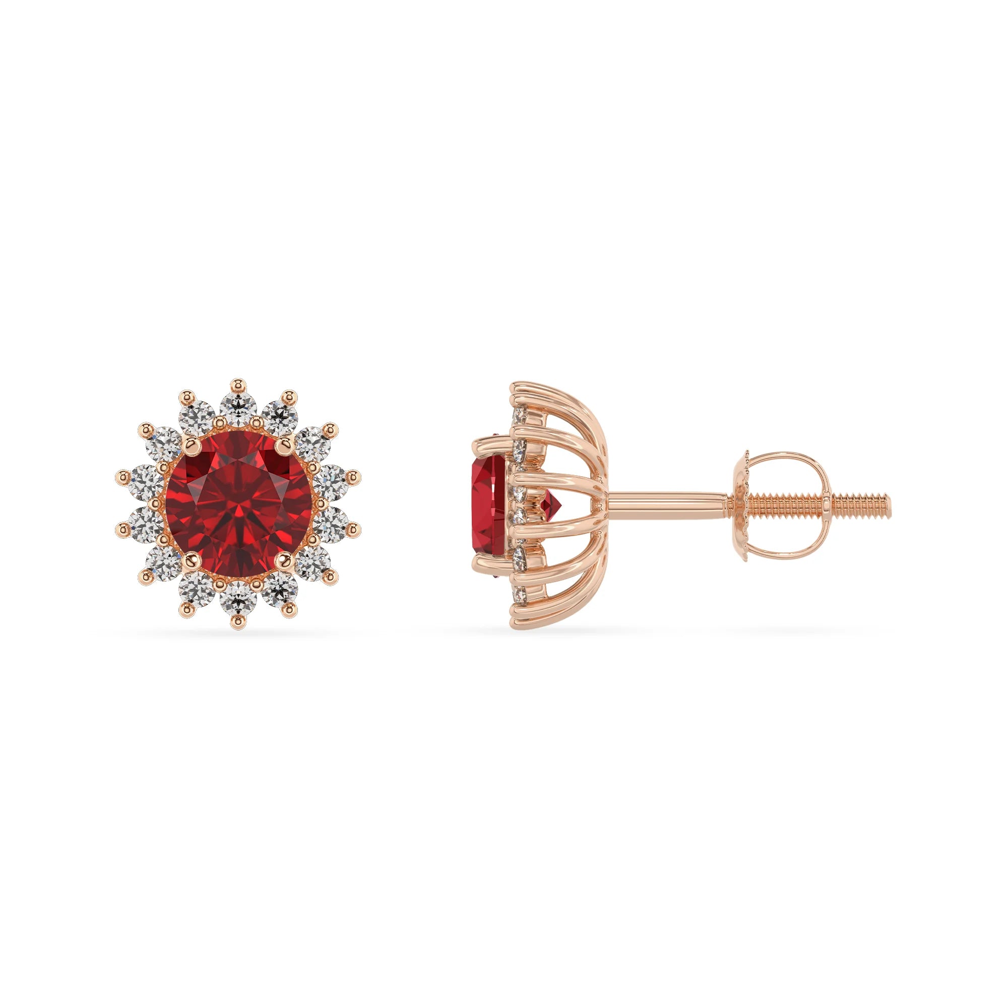 lab grown ruby round stud earrings in rose gold