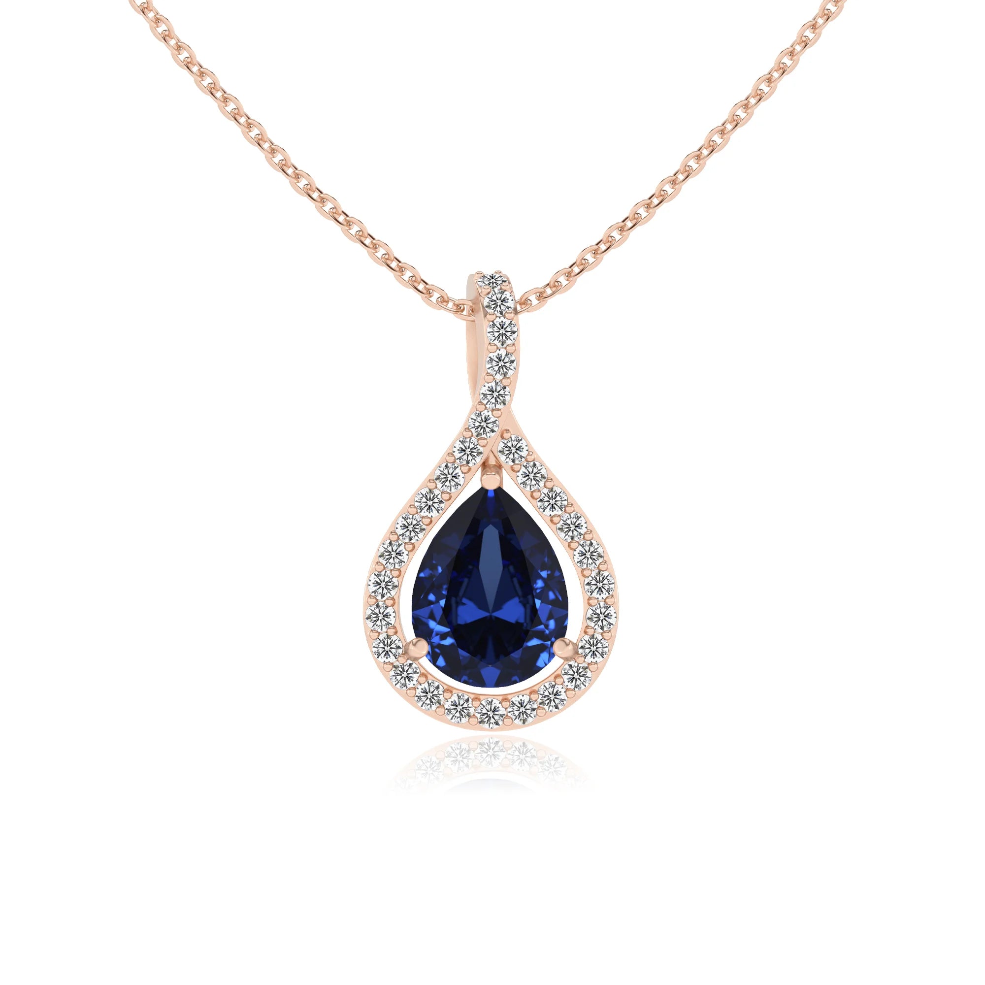 lab grown blue-sapphire pear solitaire necklaces in rose gold